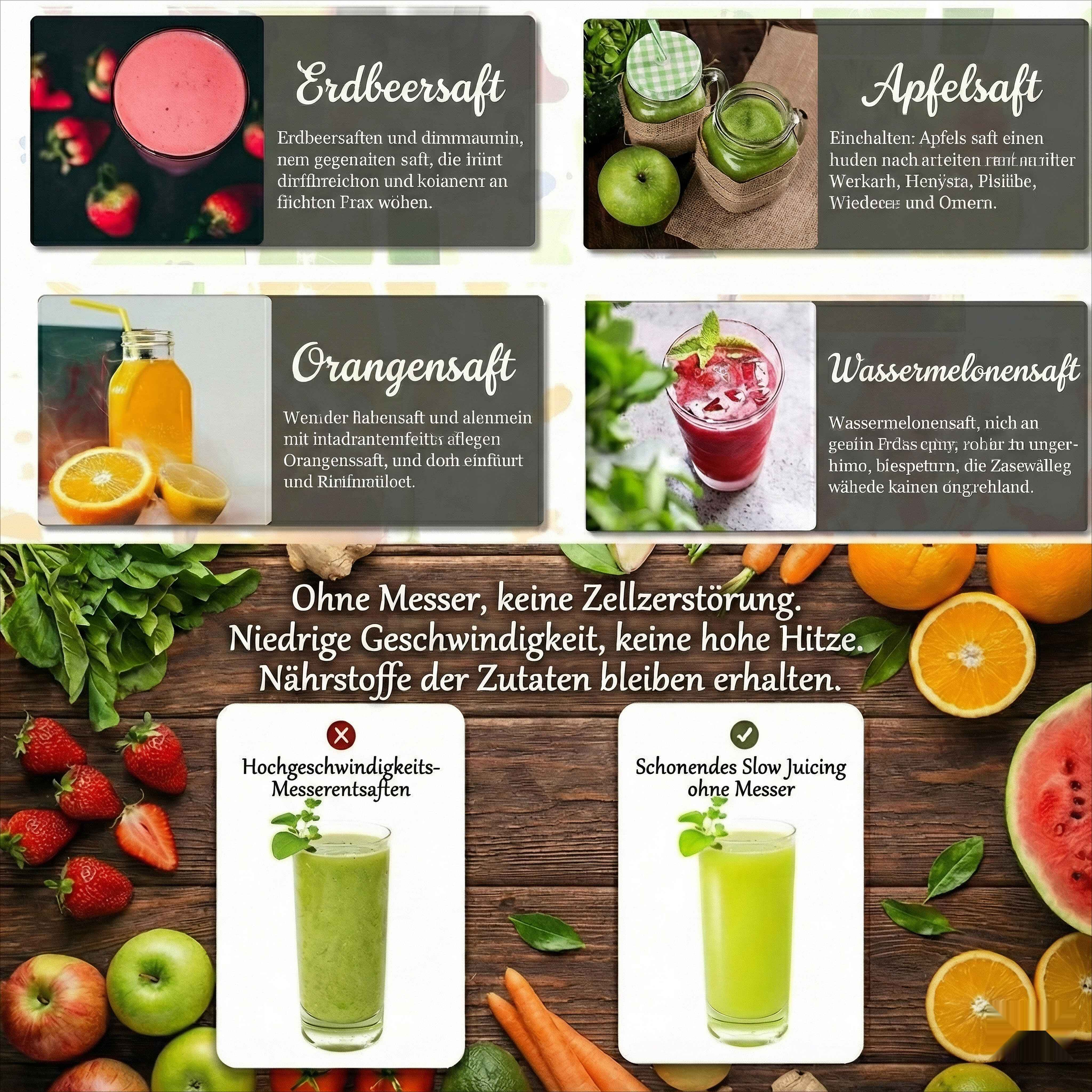 Das Bild zeigt Saftbeschreibungen: Erdbeere, Apfel, Orange und Wassermelone. Außerdem zeigt es Entsaftungsmethoden.
