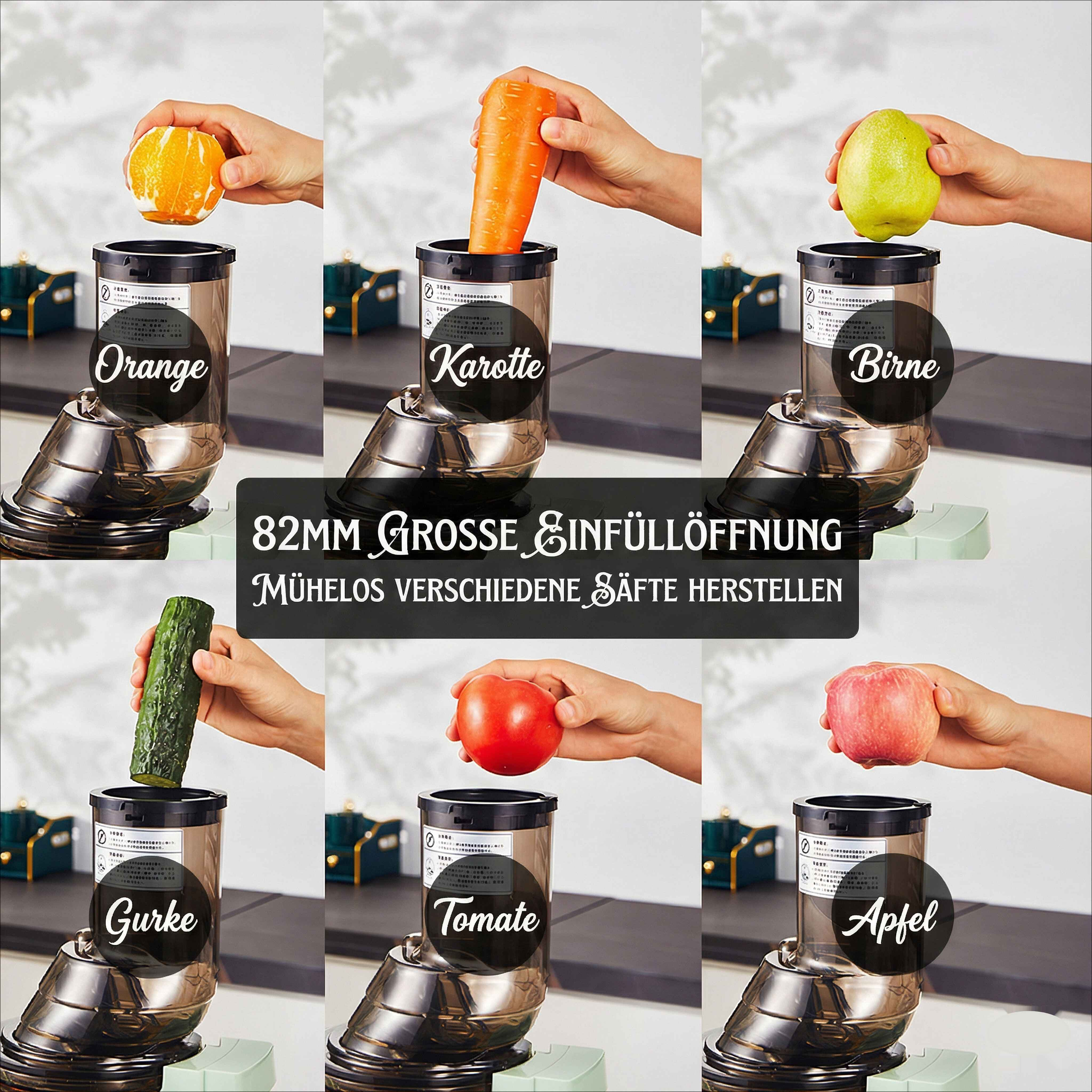 Ein Entsafter mit verschiedenen Früchten und Gemüse, die eingeführt werden. Eine Orange, Karotte, Birne, Gurke, Tomate und Apfel.