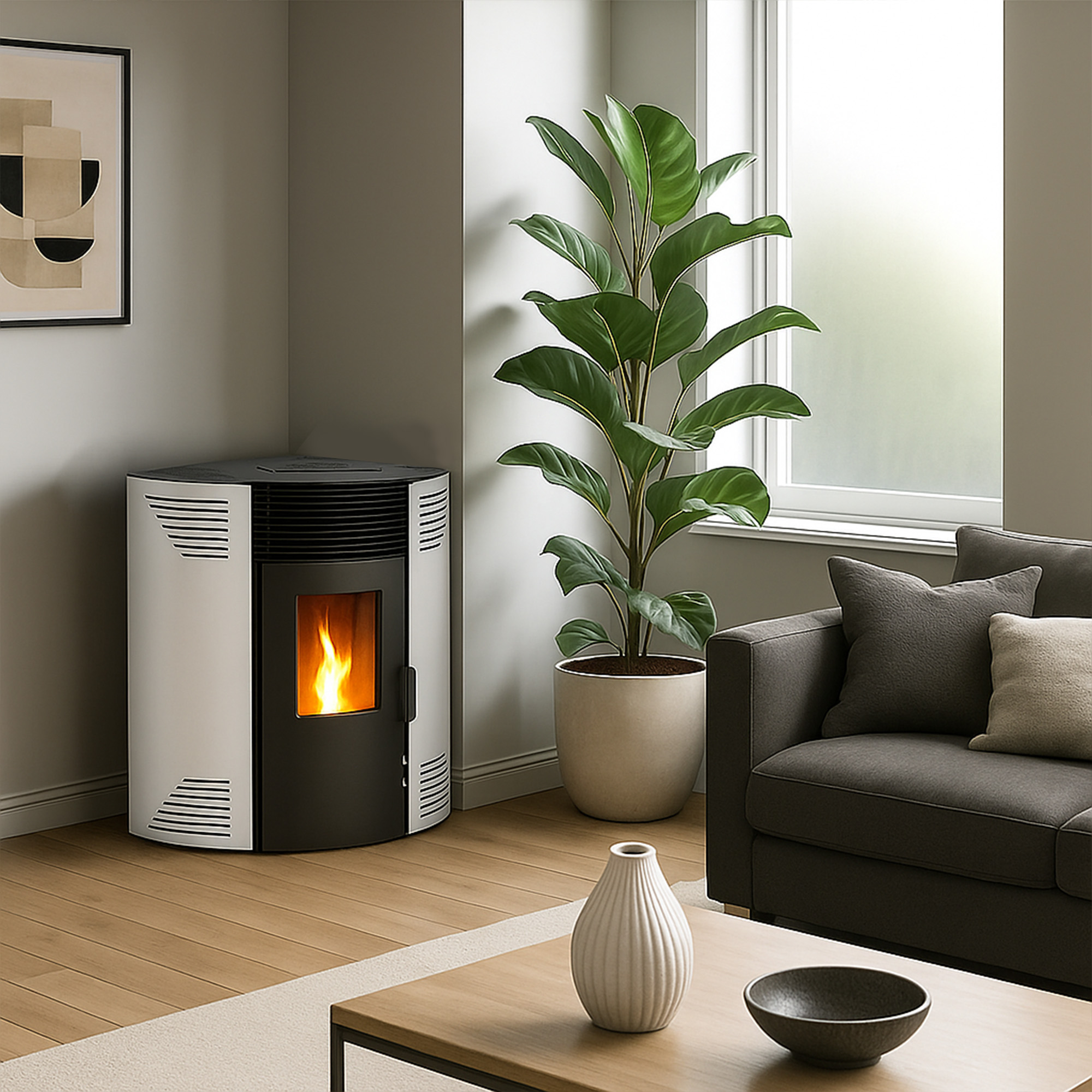 Ein modernes Wohnzimmer mit Kamin, Pflanze, Couch und Couchtisch. Der Kamin hat eine Flamme.