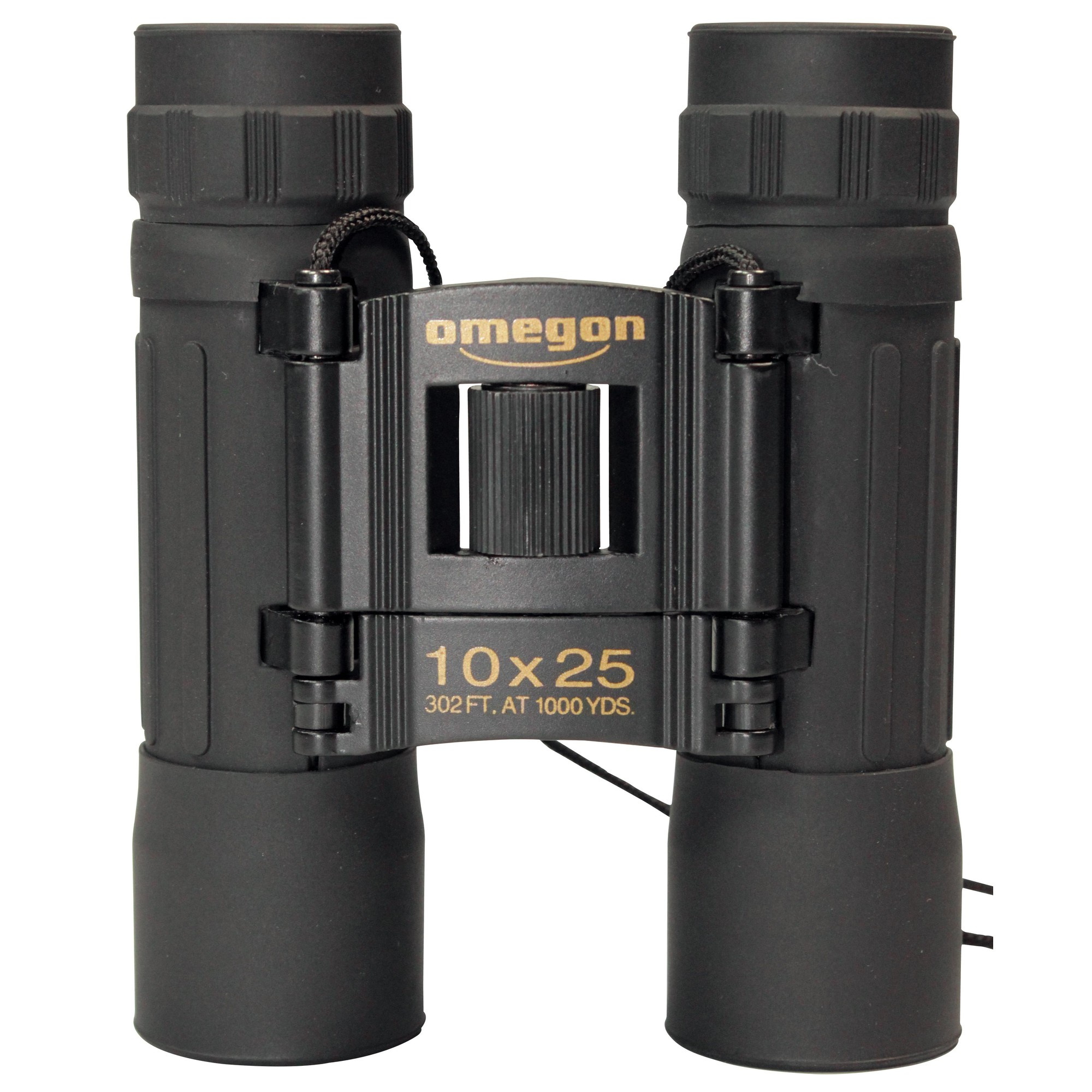 Schwarzes Omegon-Fernglas. Merkmale sind 10x25-Vergrößerung, ein zentrales Fokusrad und ein Nackengurt. Der Markenname ist sichtbar.