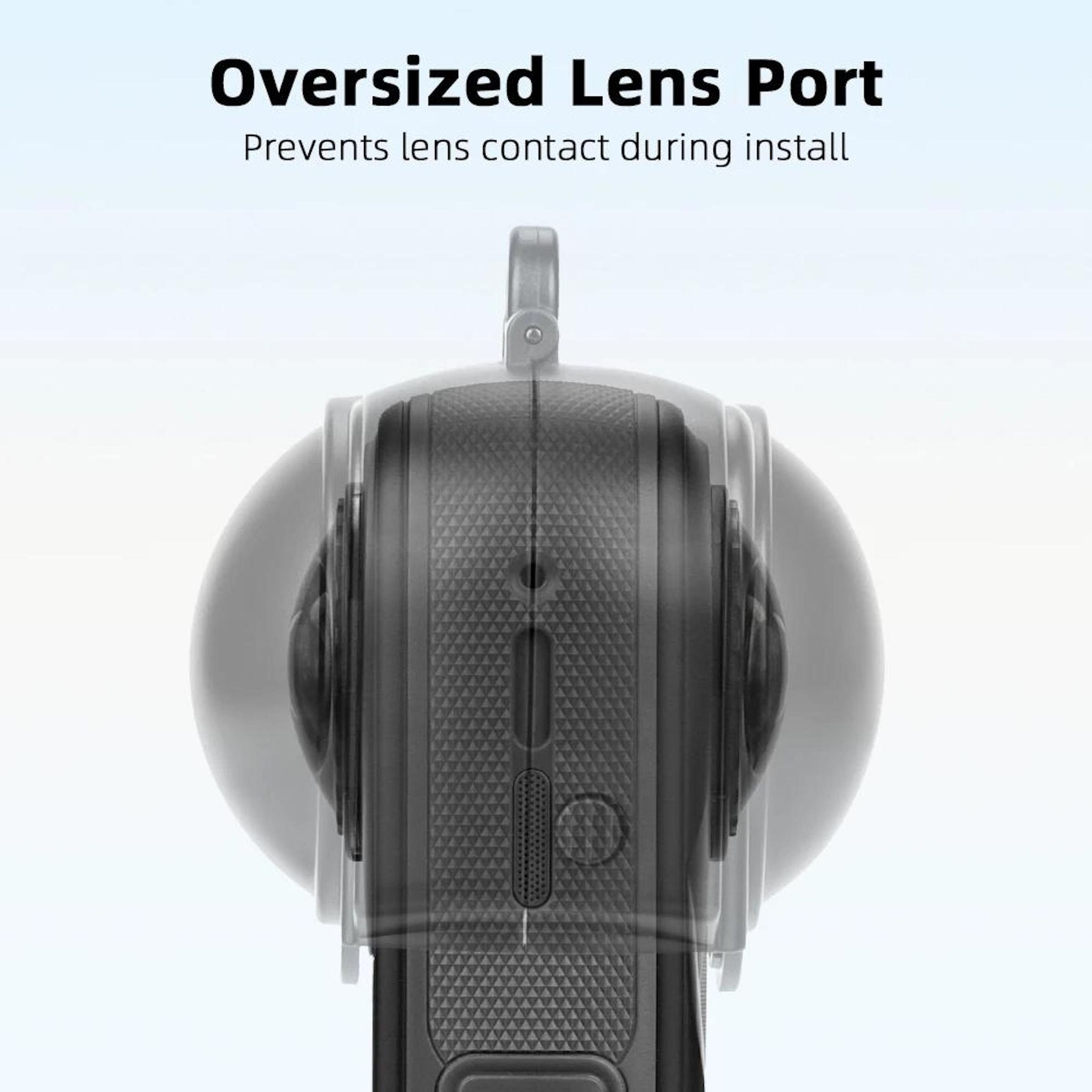 Schwarze Kamera mit Schutzhülle. Text: Oversized Lens Port, verhindert Linsenkontakt bei der Installation.