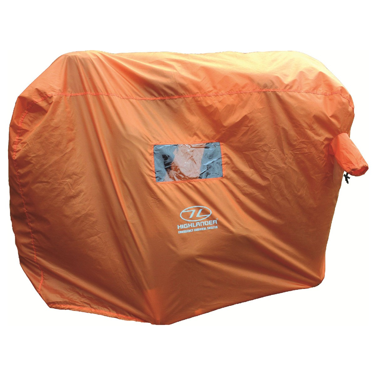Ein orangefarbenes Notfallüberlebenszelt. Es hat ein Fenster und das Highlander-Logo. Der Unterstand befindet sich auf weißem Hintergrund.