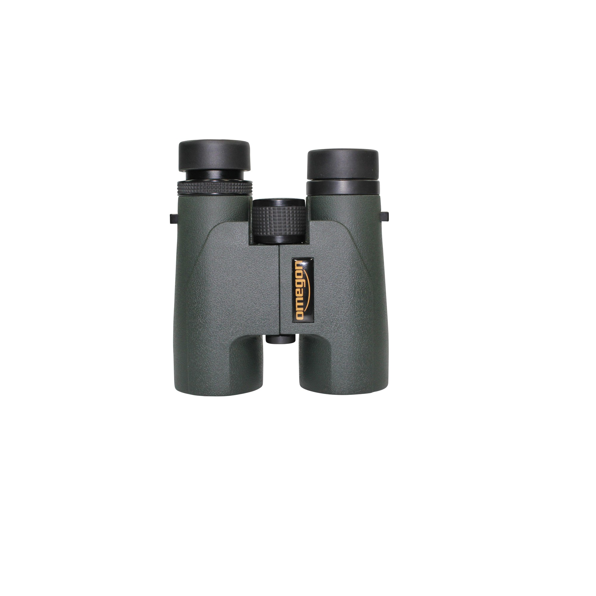Fernglas, dunkelgrüner Körper mit schwarzen Okularen, der Markenname ist 'Omegon' in Orange und Weiß.