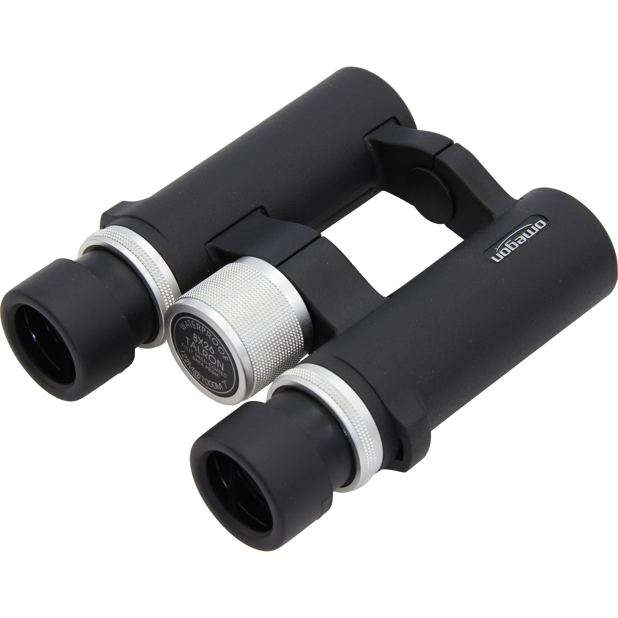 Schwarzes Fernglas mit silbernen Akzenten. Die Marke ist Omegon. Es ist wasserdicht mit den Spezifikationen 8x26 Talron.