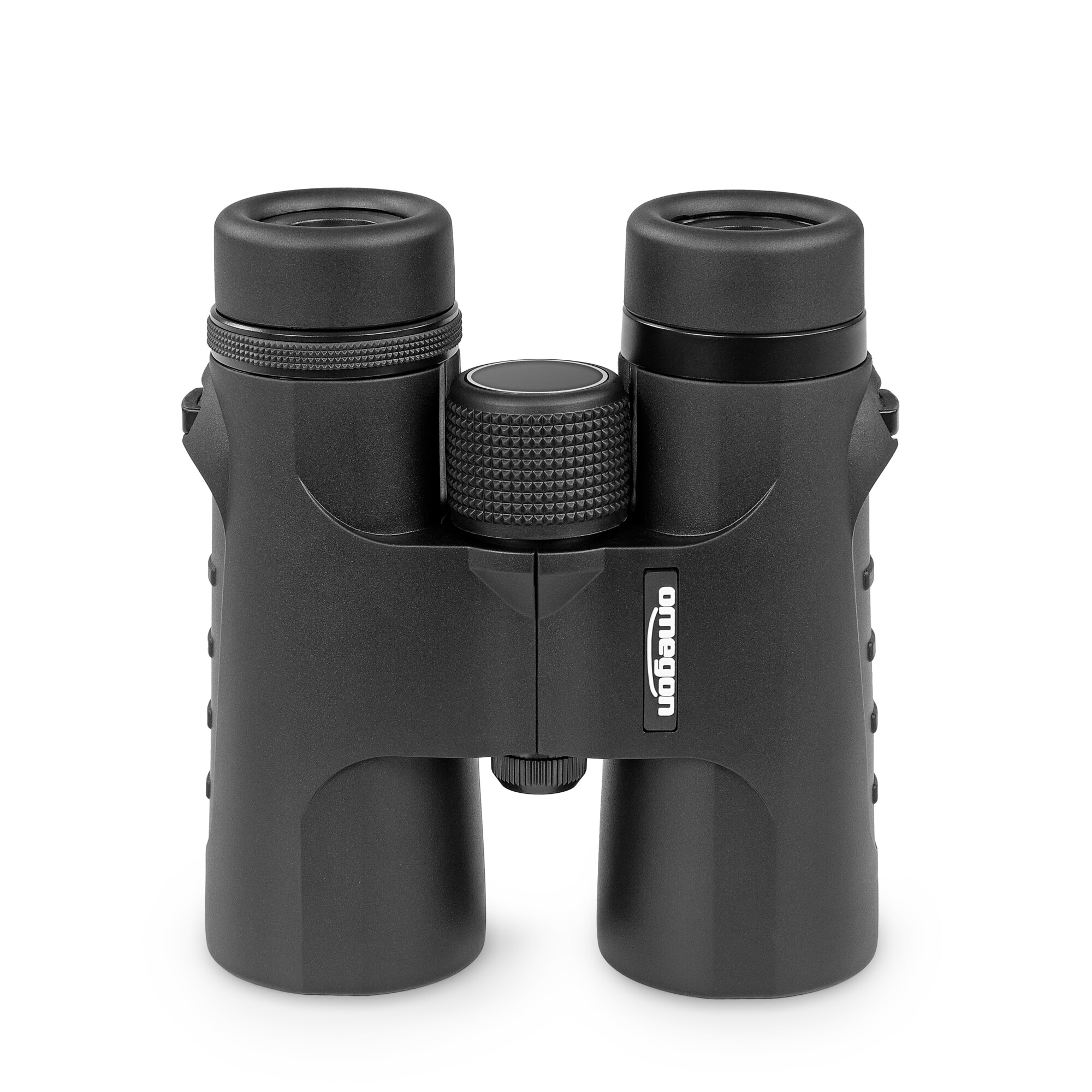 Ein schwarzes Fernglas mit dem Markennamen 'omegon' auf der Seite liegt auf weißem Hintergrund.