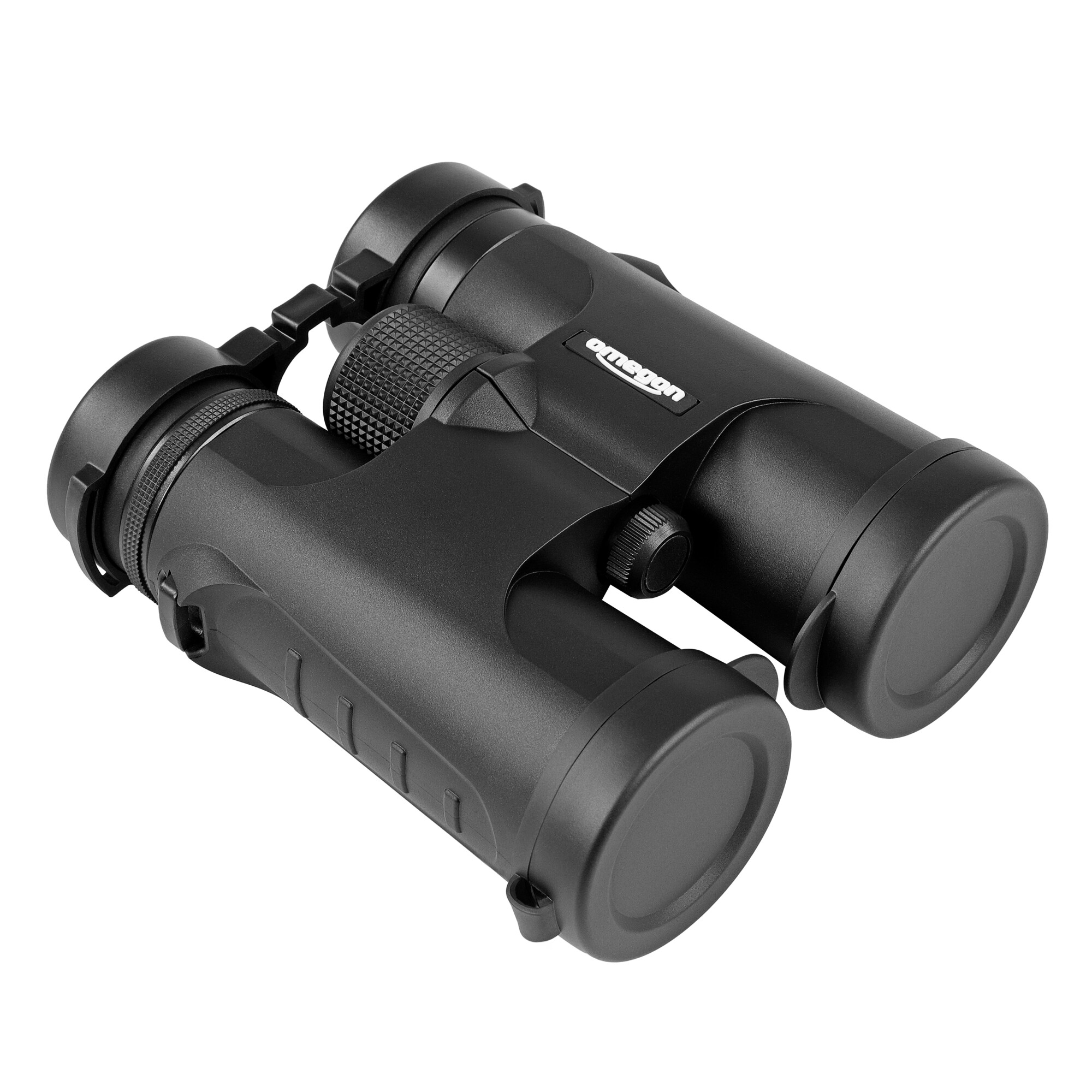 Schwarzes Fernglas auf weißem Hintergrund. Es trägt den Markennamen 'Omegon'.