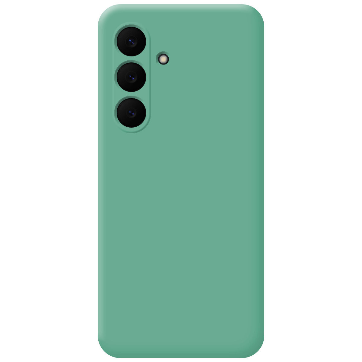 Una custodia per telefono verde menta con tre obiettivi e un piccolo foro circolare sul retro, su sfondo bianco.