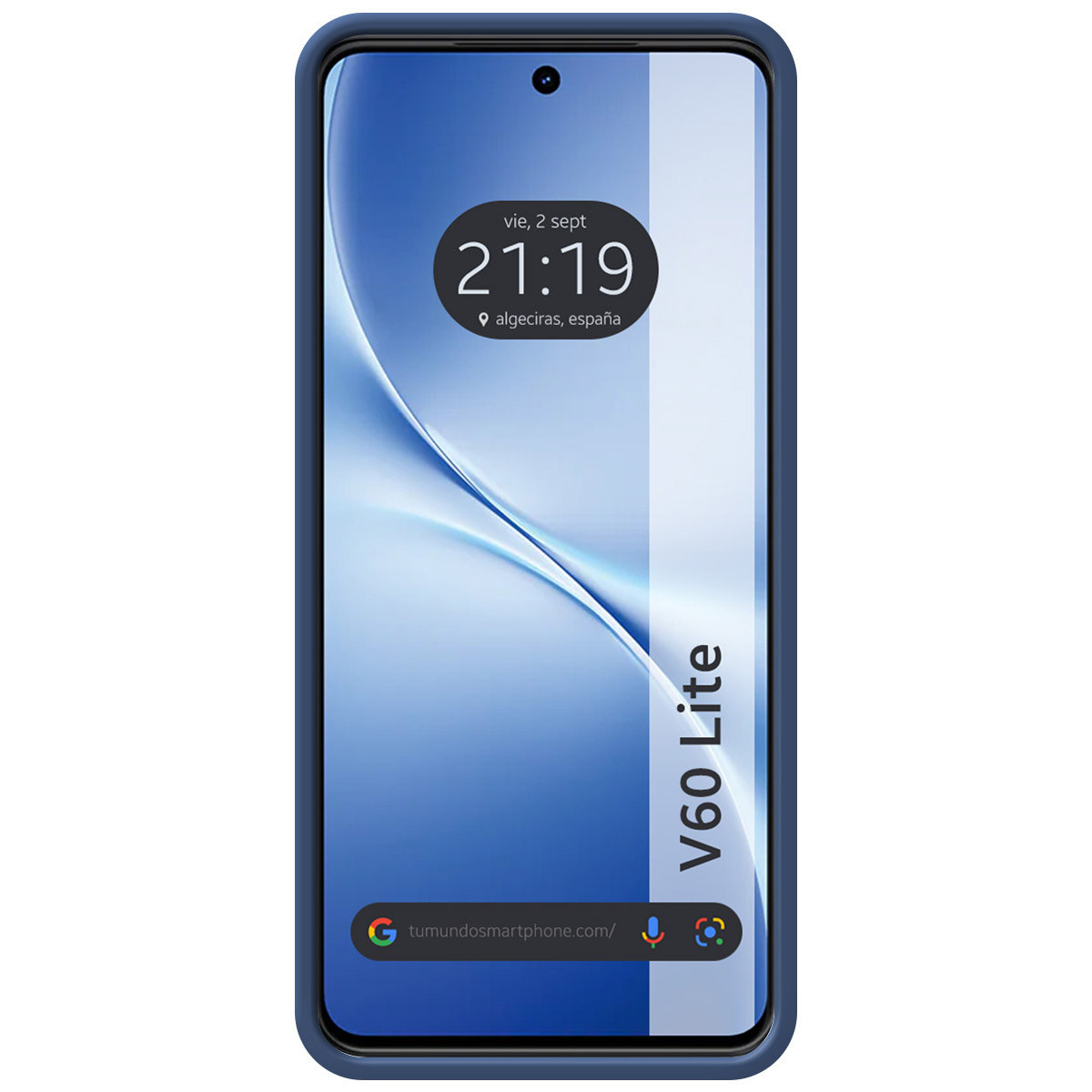 Uno smartphone blu mostra l'ora: 21:19, luogo: Algeciras, Spagna. Il marchio del telefono è V60 Lite.