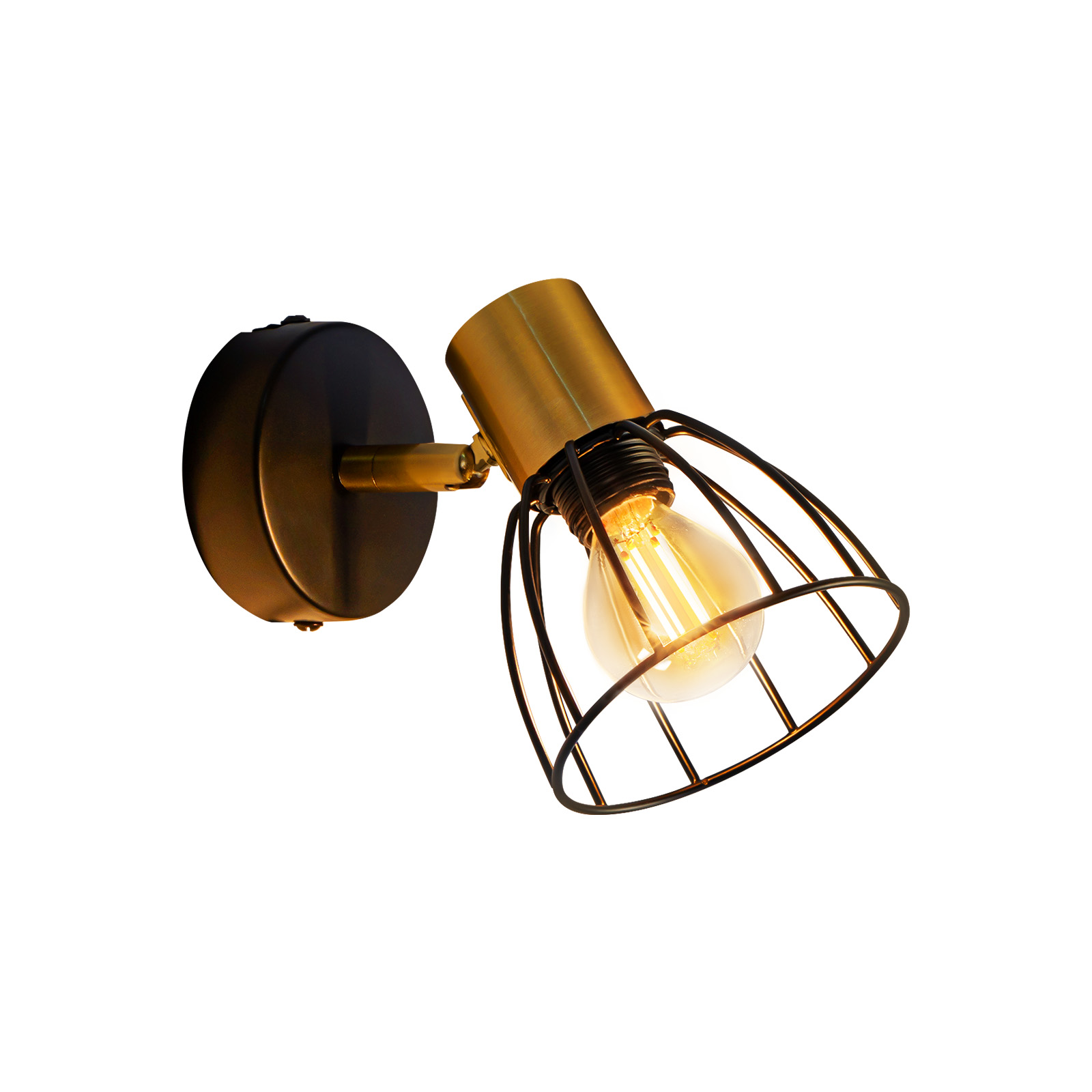 Una lampada da parete con base nera e corpo illuminante dorato, protetta da una gabbia nera e una lampadina accesa.