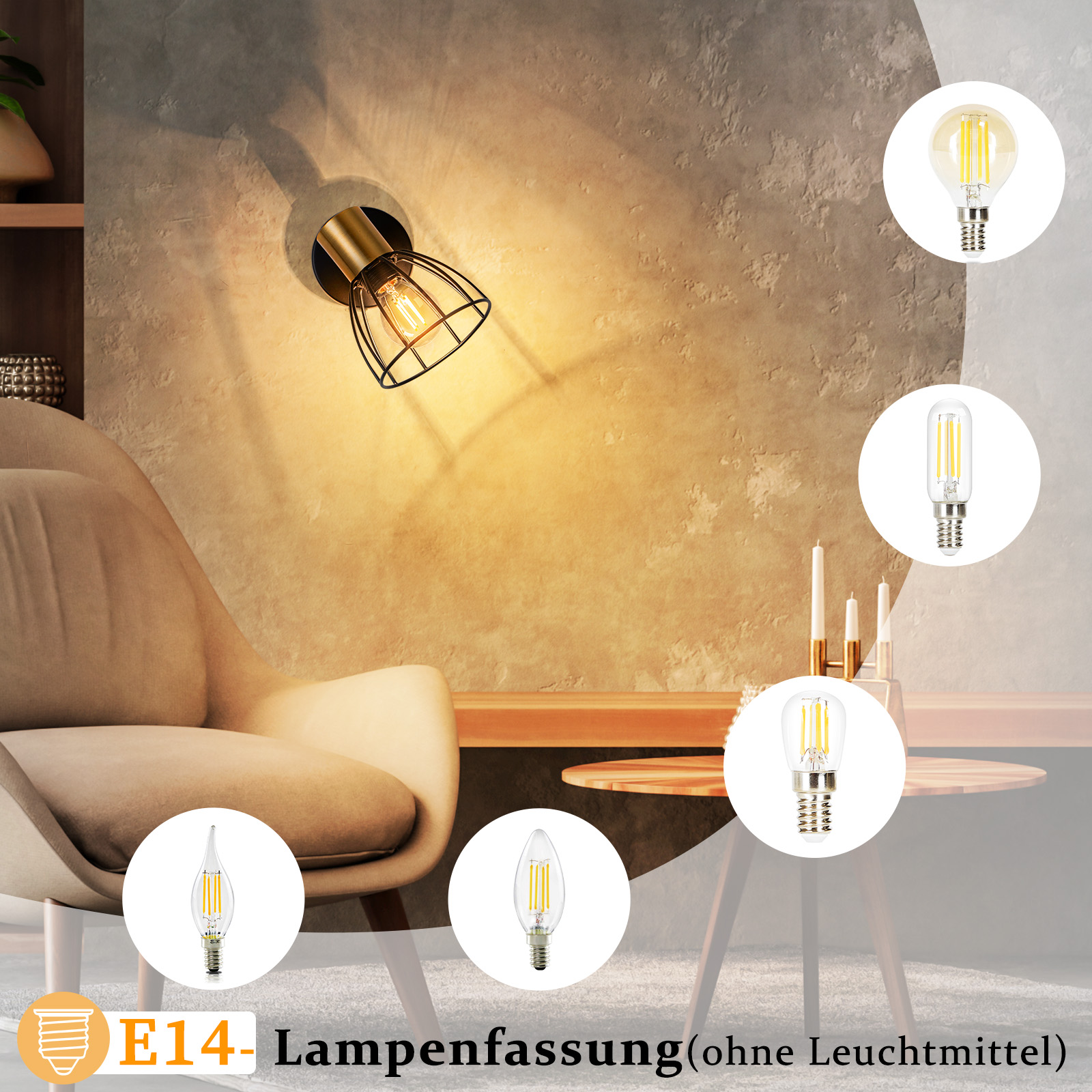 Una lampada da parete con paralume a gabbia e diverse opzioni di lampadine esposte. Lo sfondo mostra un ambiente domestico.