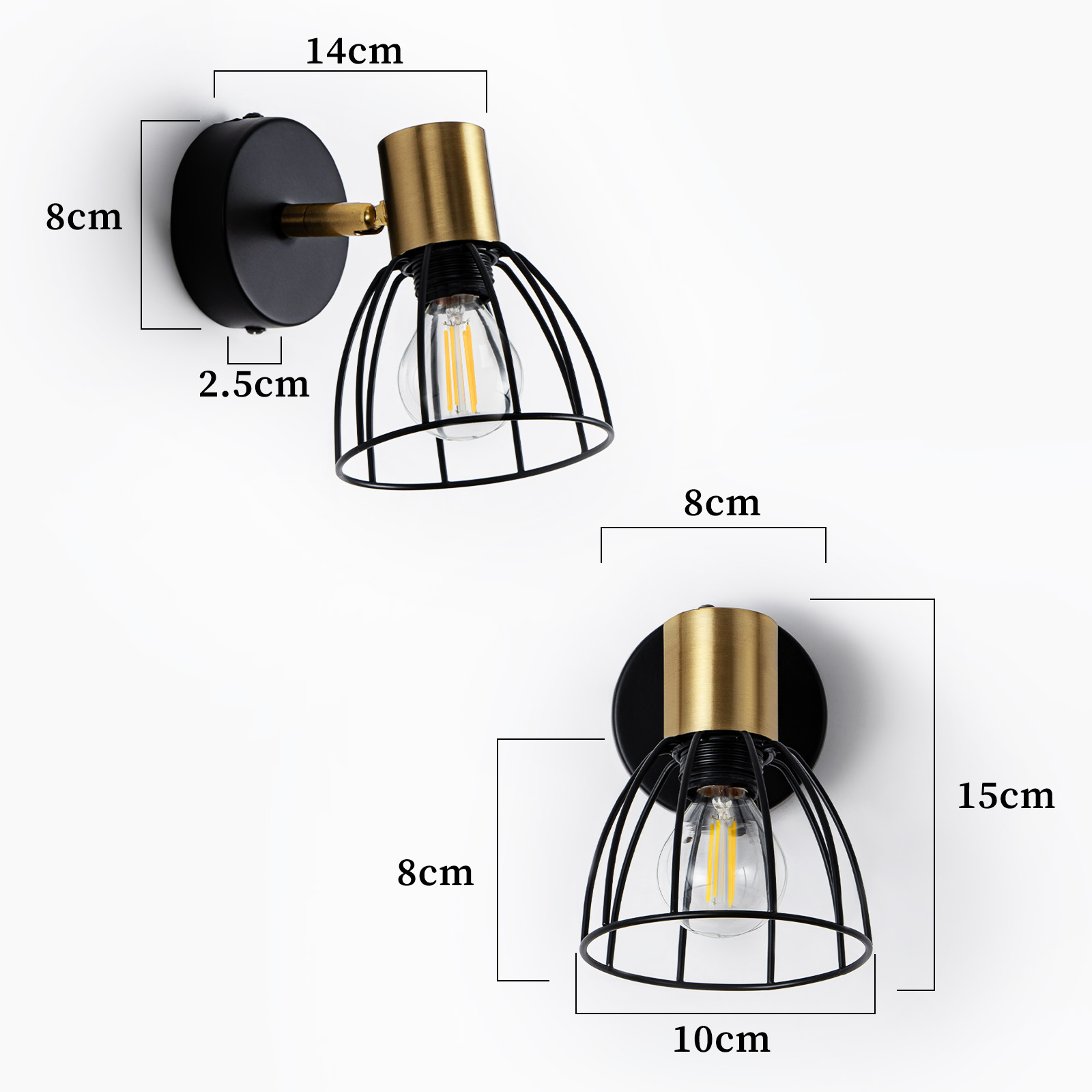 Due lampade da parete nere e oro con lampadine a gabbia su sfondo bianco. Dimensioni incluse.