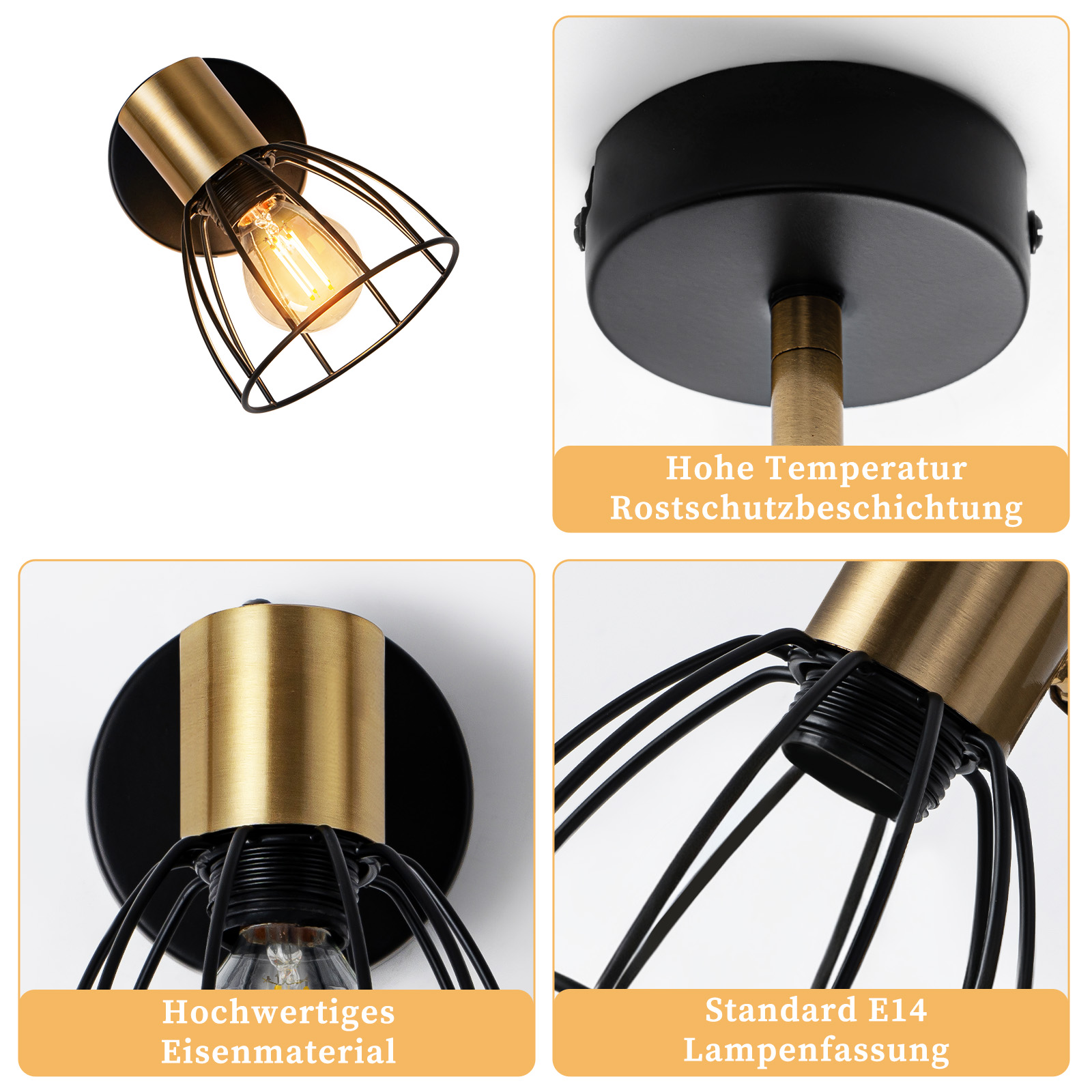Primo piano di una lampada. Ha una gabbia nera, un corpo color oro e una lampadina visibile.
