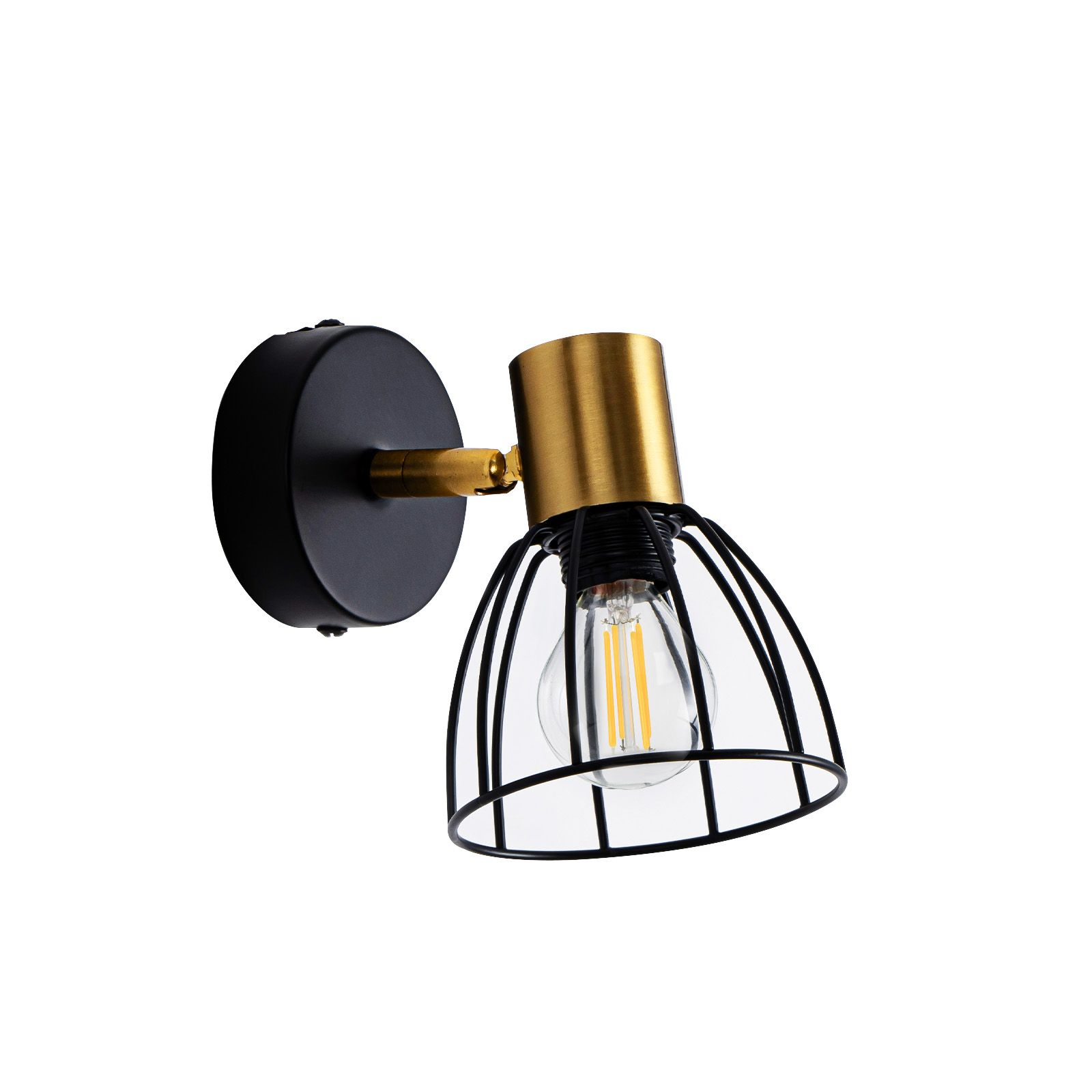 Una lampada da parete moderna con base nera, dettagli dorati e una gabbia metallica attorno alla lampadina.