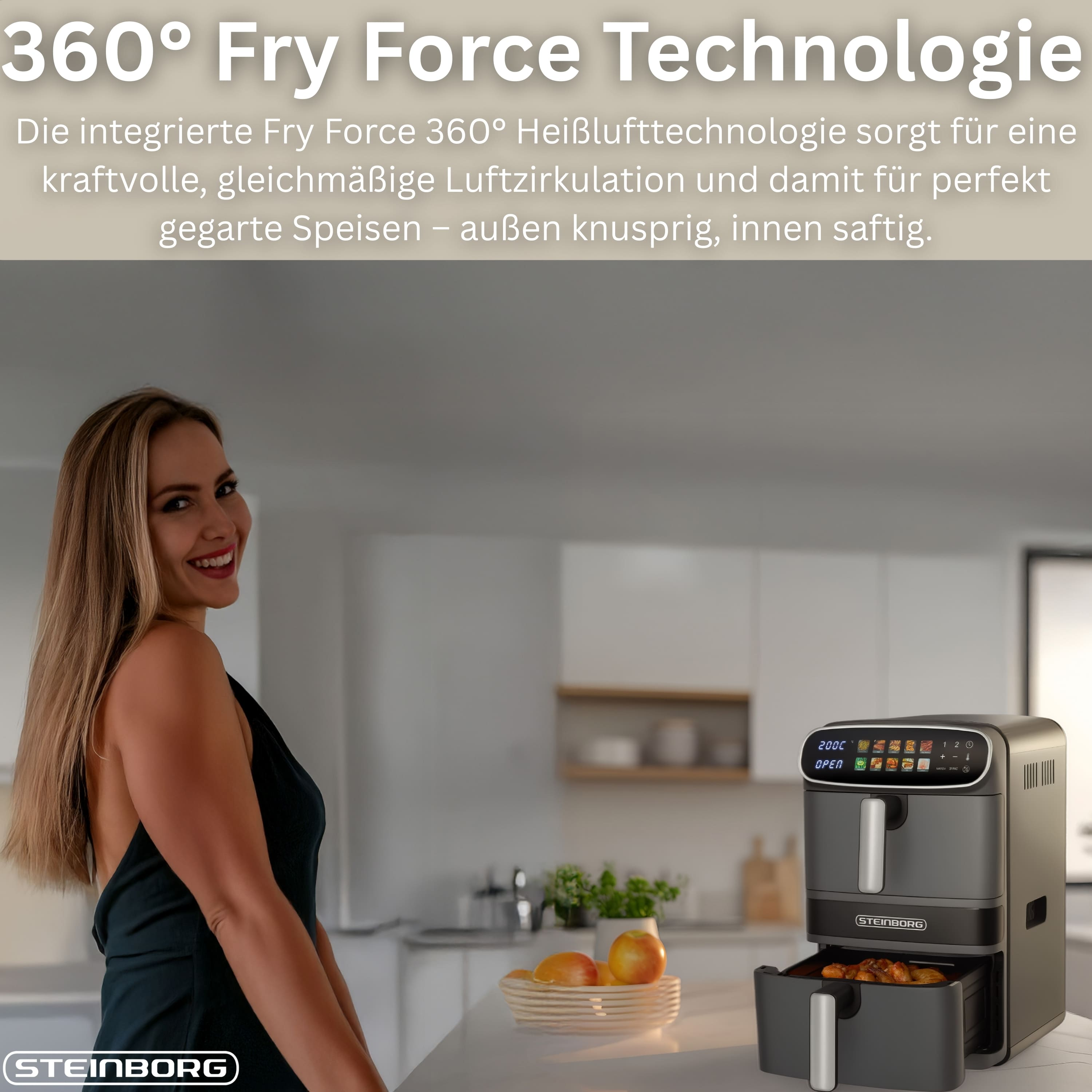 Frau lächelt neben einer Heißluftfritteuse. Äpfel in einem Korb. Text: 360° Fry Force Technologie.