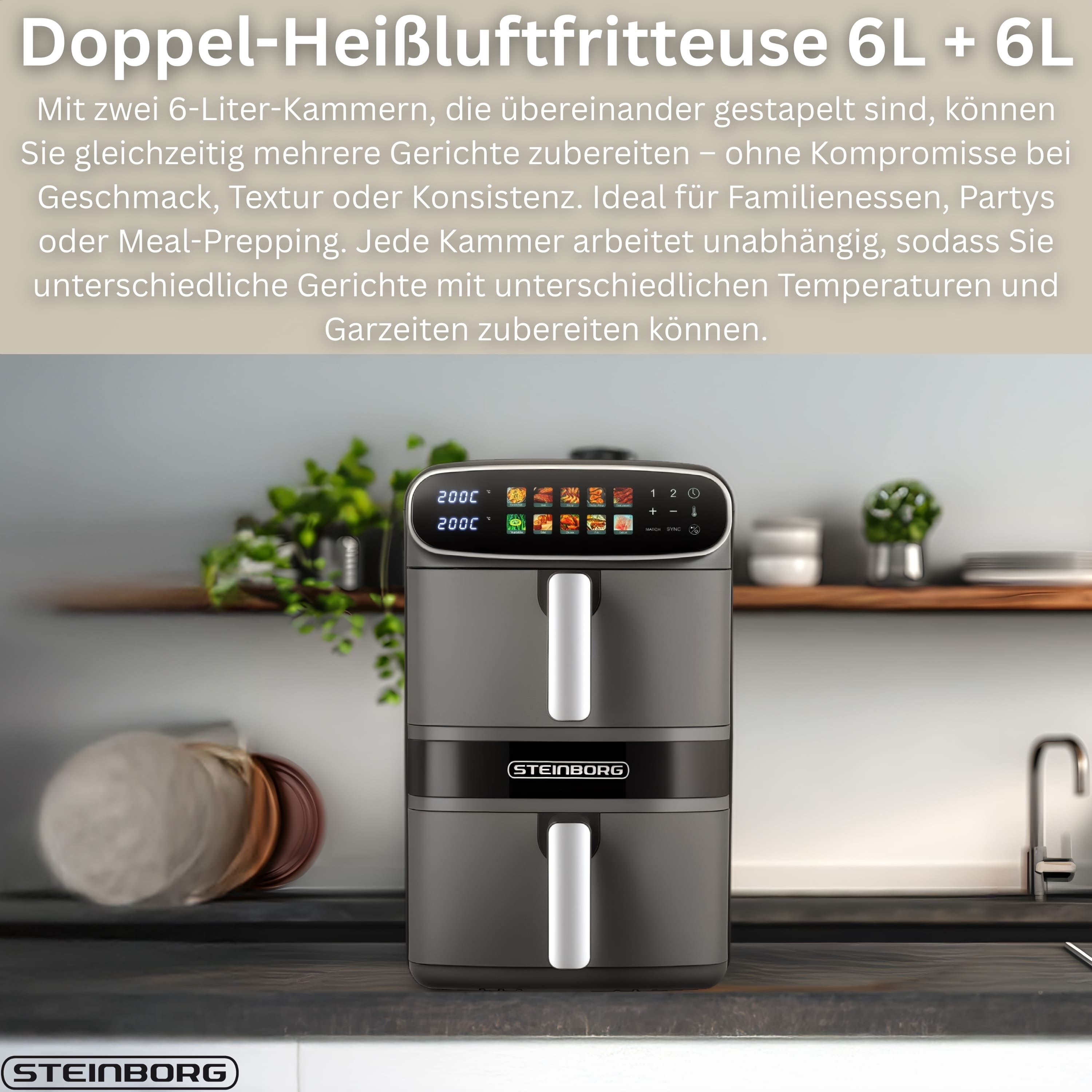 Ein grauer Doppel-Heißluftfritteuse mit Digitalanzeige und Griff, mit Küchenutensilien im Hintergrund.