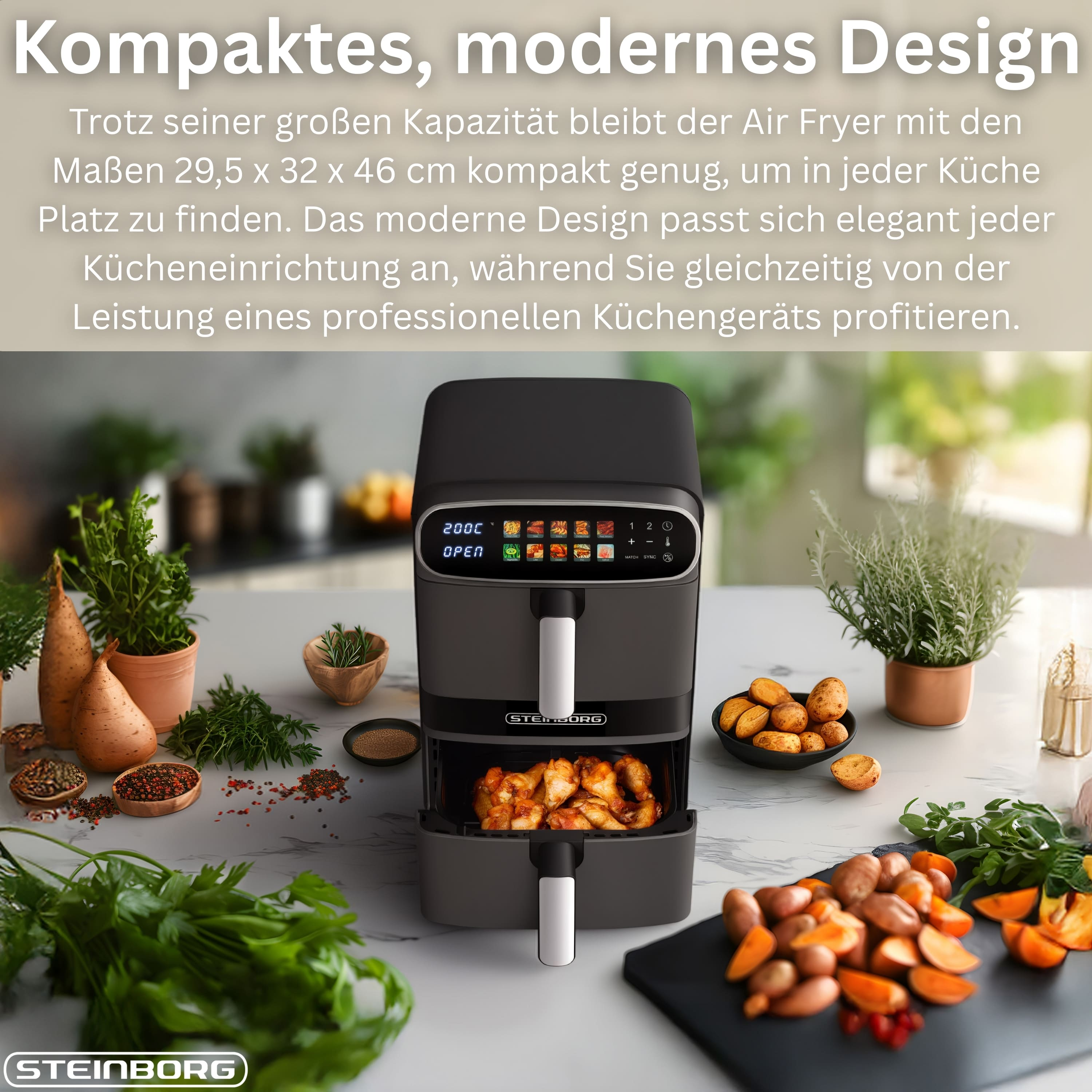 Ein Airfryer zeigt Essenssymbole. Er steht auf einer Marmoroberfläche mit Lebensmitteln und Kräutern.