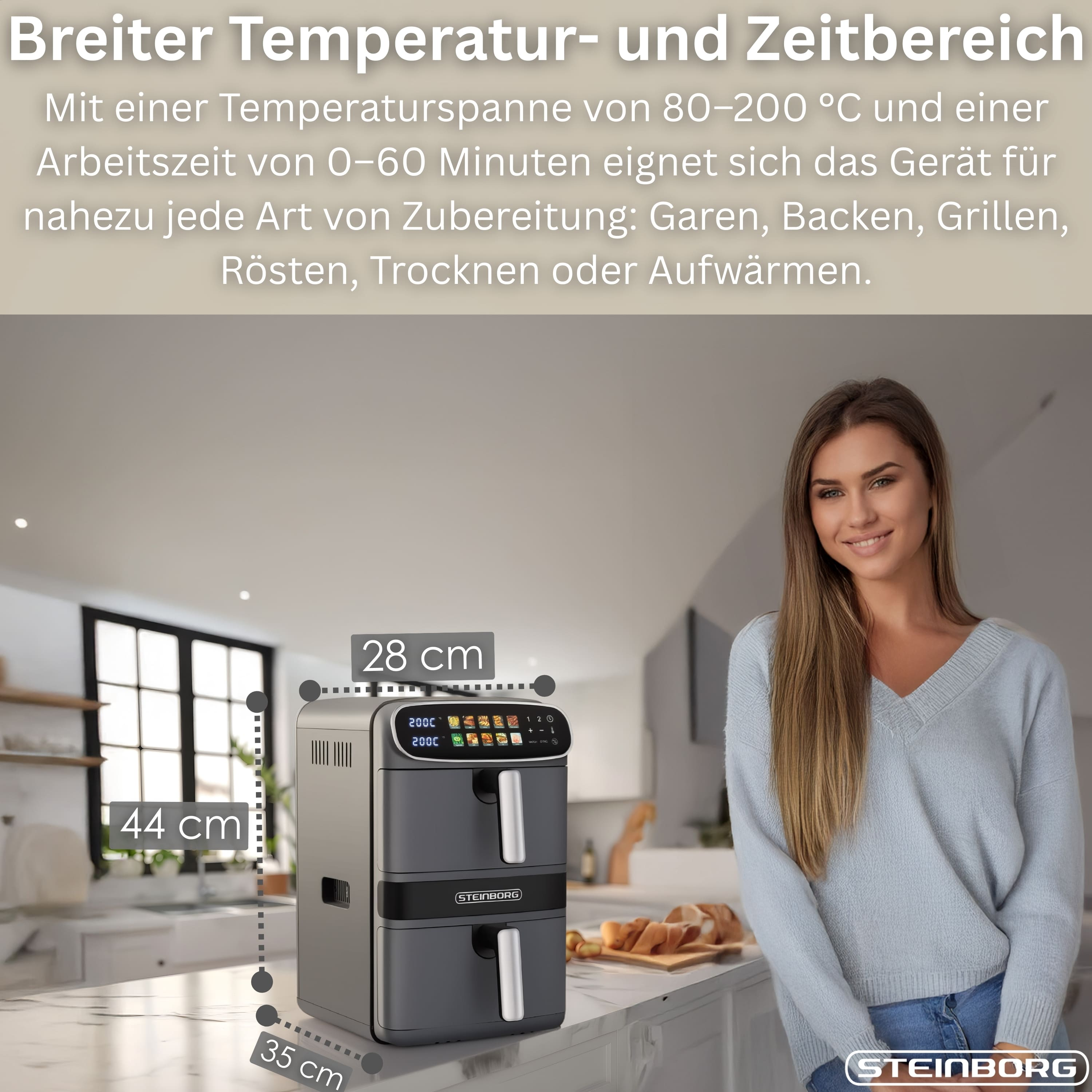 Eine Frau steht neben einer Heißluftfritteuse. Text erwähnt Temperaturbereich und Funktionen.