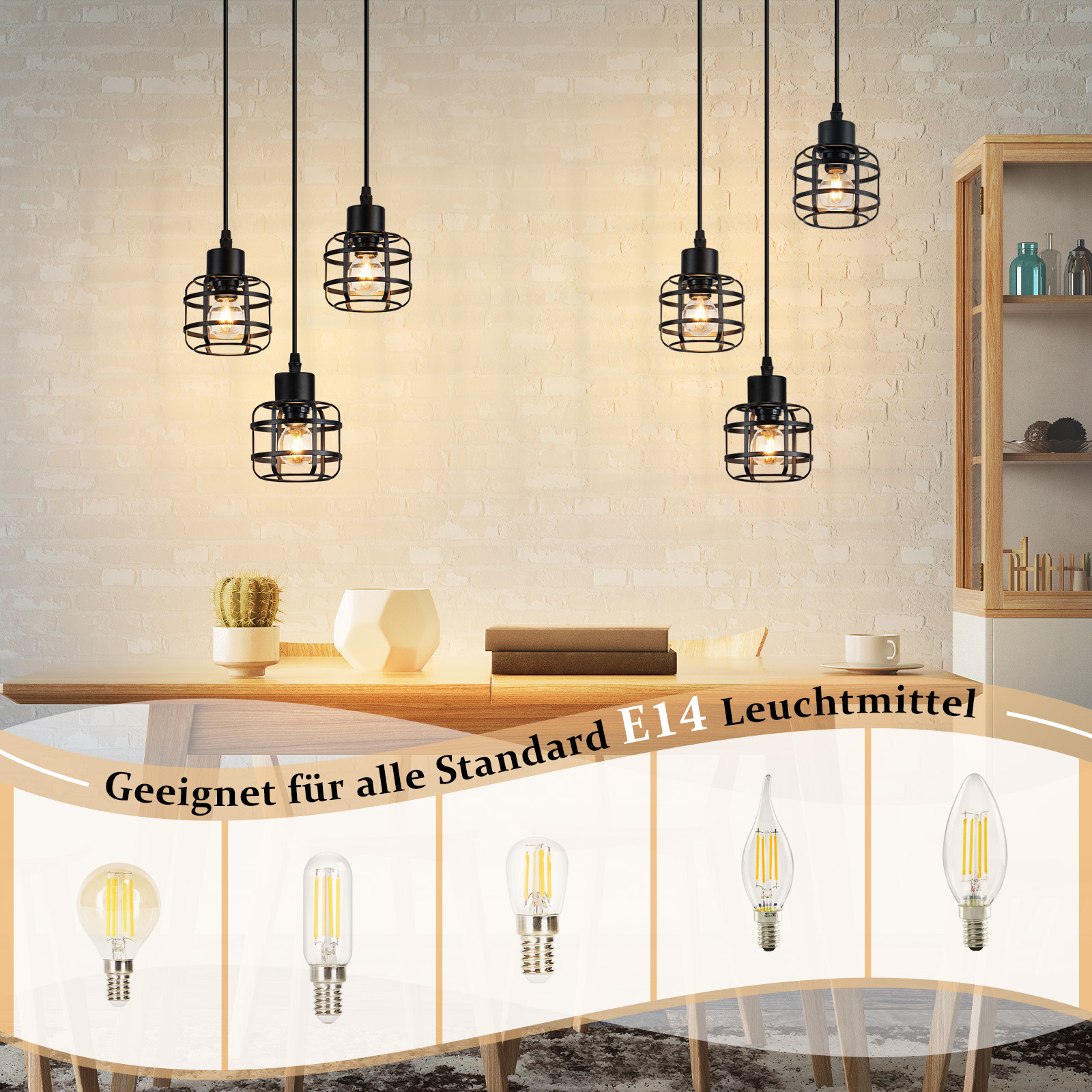 Sechs schwarze Pendelleuchten mit Käfigschirmen hängen über einem Tisch mit Gegenständen. Weißer Ziegelwandhintergrund. Verschiedene Glühbirnen unten.