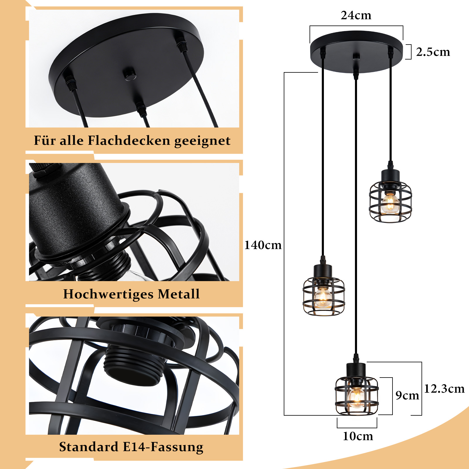 Schwarze Pendelleuchte mit drei Lampen. Jede Lampe hat ein Käfigdesign. Abmessungen sind angegeben.