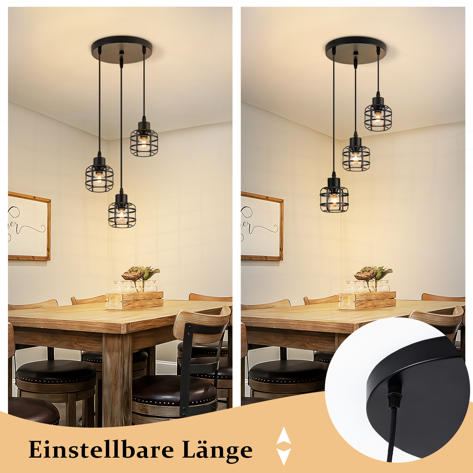 Drei schwarze Pendelleuchten mit Käfigschirmen hängen über einem Holztisch. Eine Essecke mit Stühlen ist sichtbar.