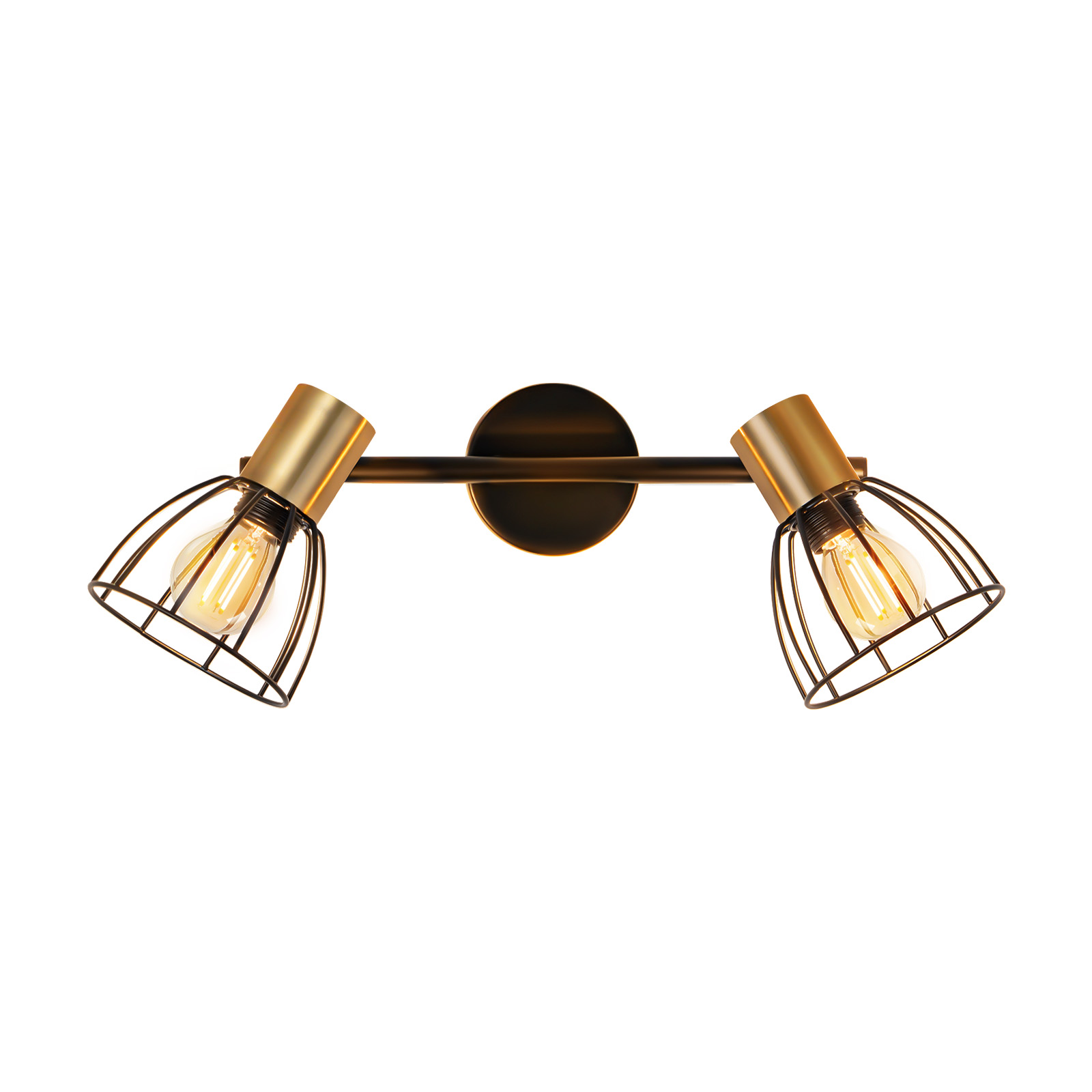Una lampada da parete a due luci con paralumi dorati, gabbie in filo nero e supporto rotondo su sfondo bianco.