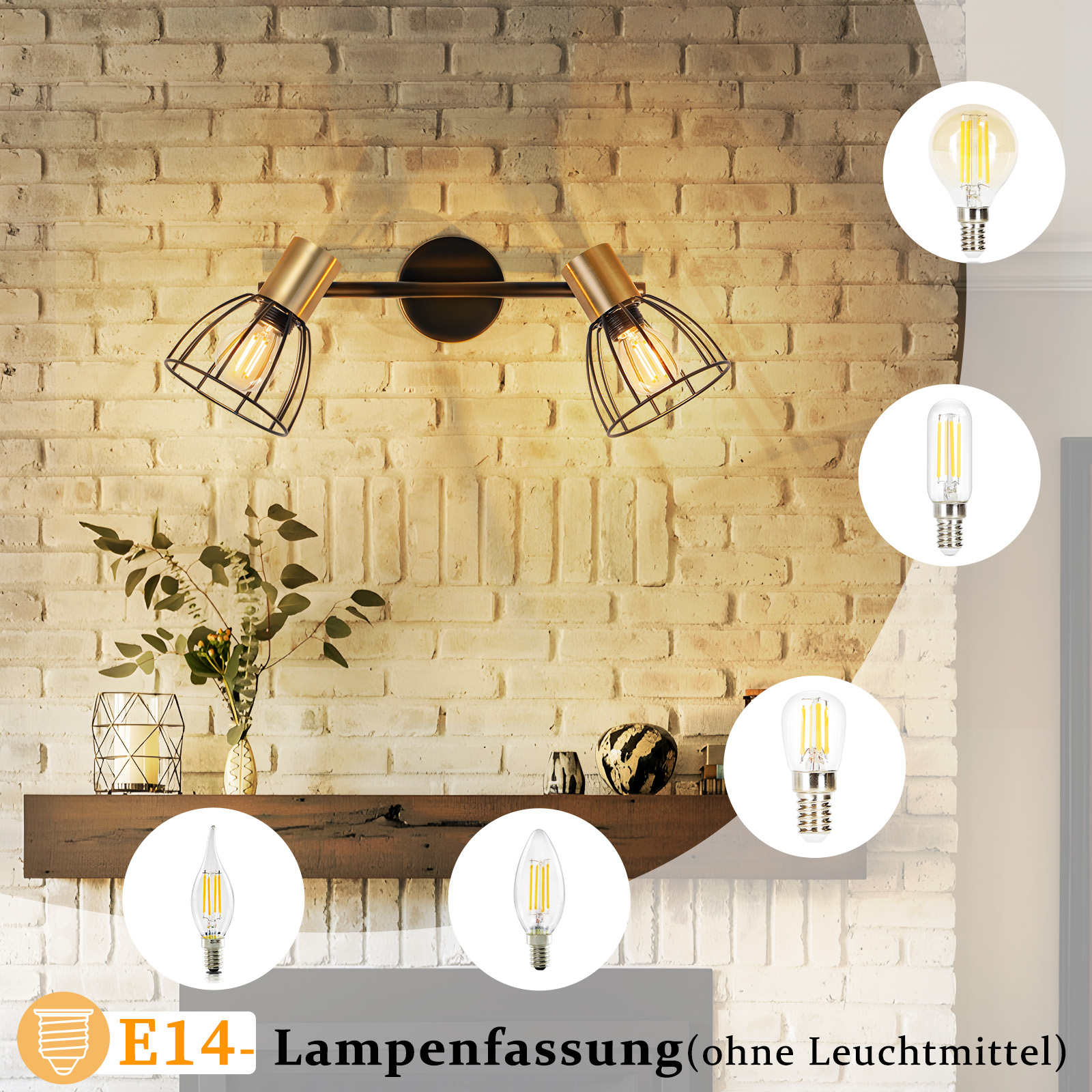 Un apparecchio a parete con due lampade, varie lampadine e oggetti decorativi su una mensola di legno contro un muro di mattoni.