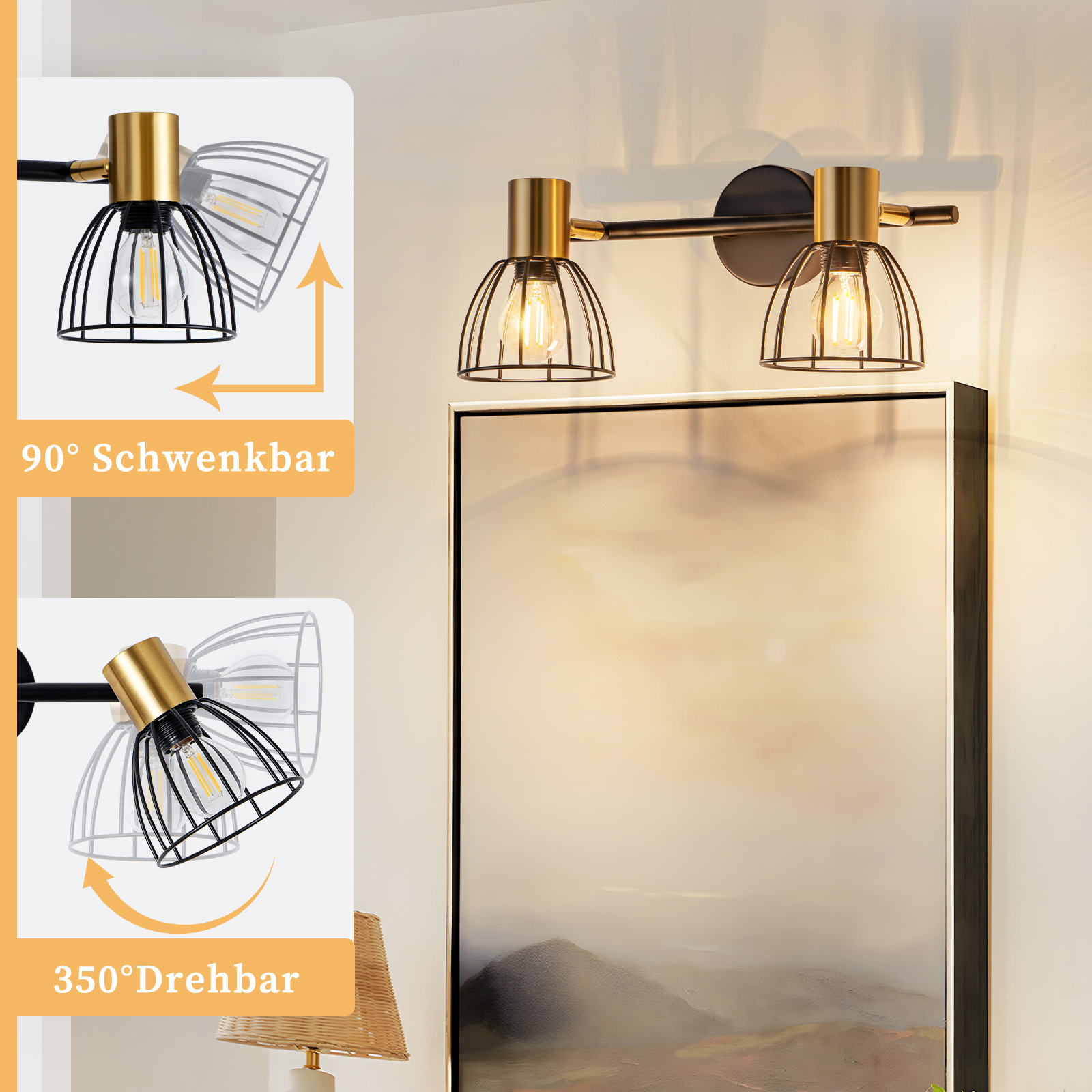 Una lampada da parete moderna con due luci, oro e nero. Un dipinto è appeso sotto. I diagrammi mostrano le opzioni di rotazione e rotazione.