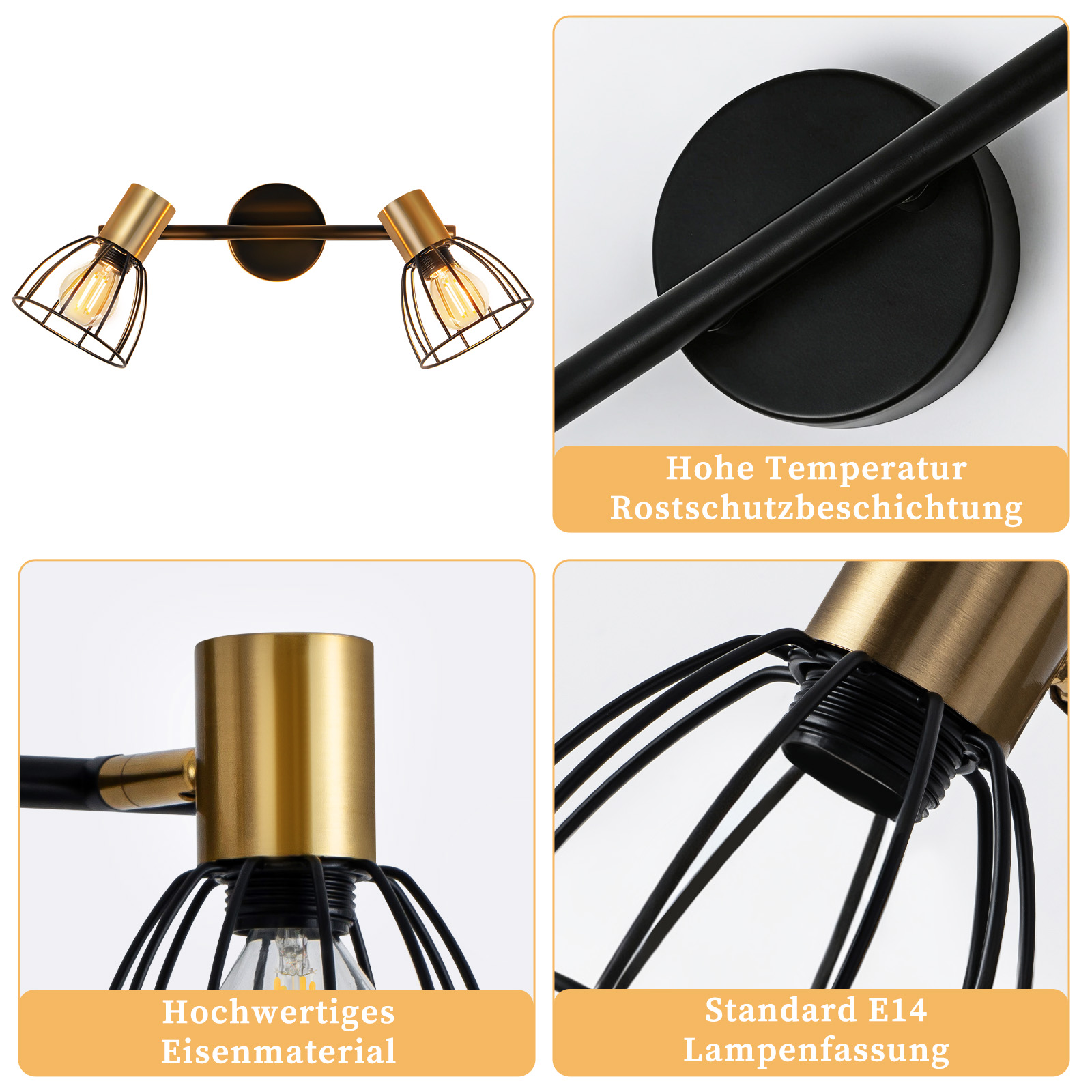 Un moderno apparecchio di illuminazione nero e oro con due teste a riflettore. Ognuna ha una gabbia intorno alla lampadina.