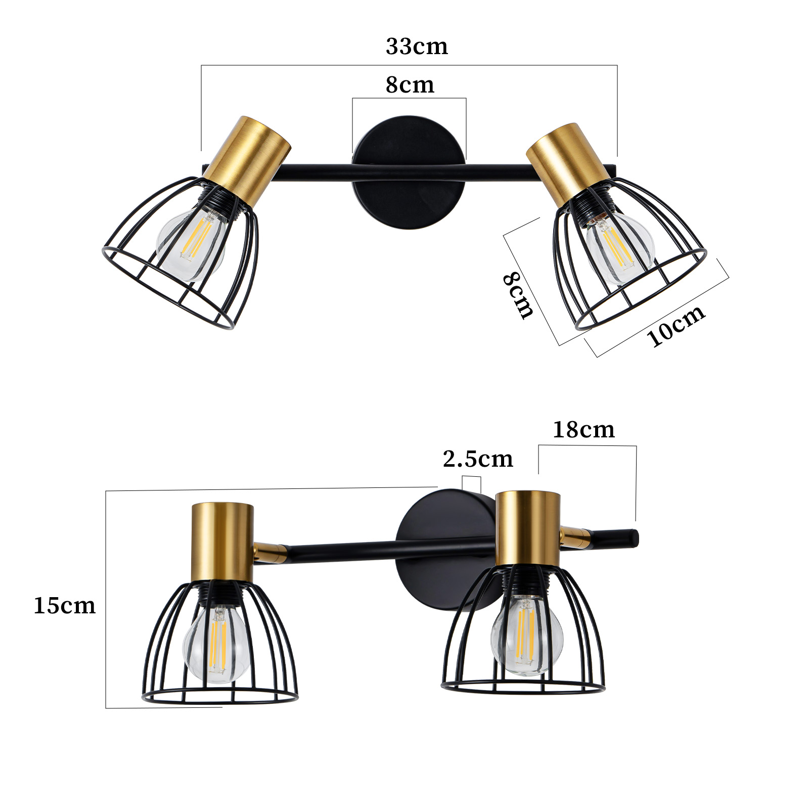 Lampada da parete nera e oro con due luci, ciascuna con un design a gabbia. Le dimensioni sono indicate in cm.