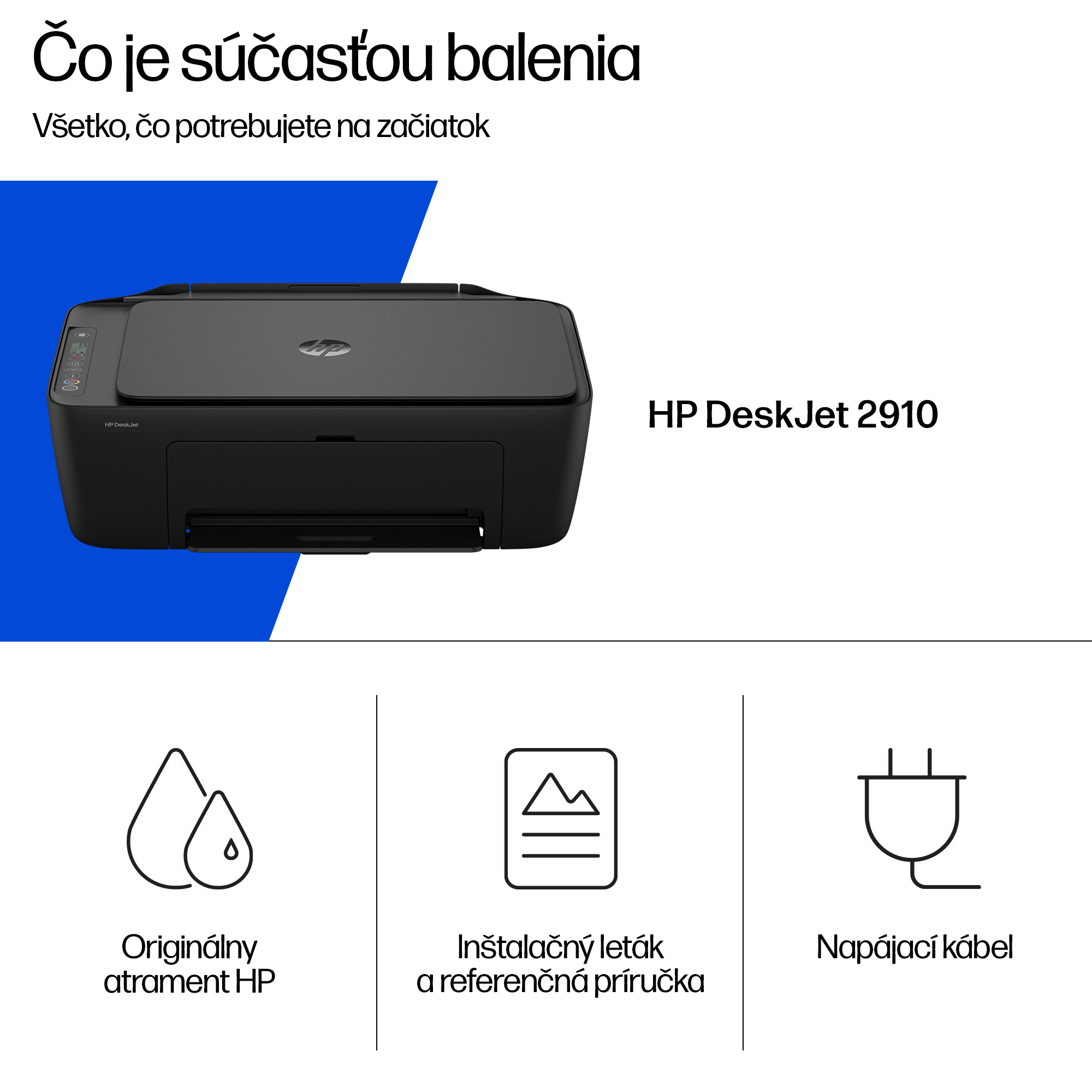 Schwarzer HP DeskJet 2910 Drucker. Enthält Tinte, Installationsanleitung und Netzkabel. Blau-weißer Hintergrund.