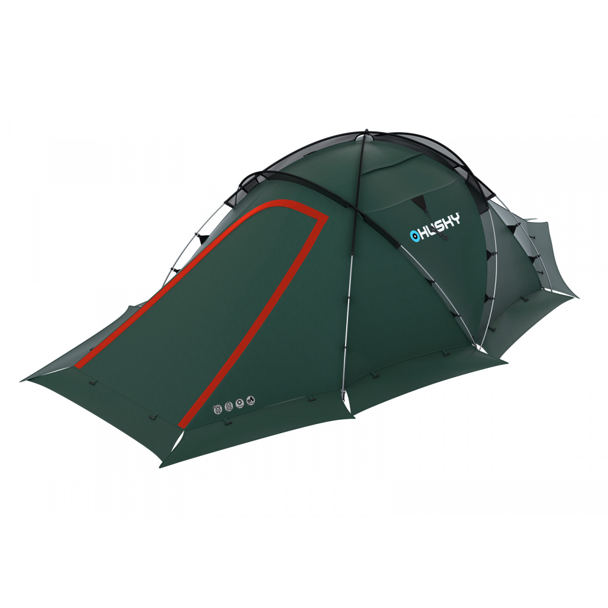 Ein grünes Campingzelt mit roten Streifen. Es ist auf weißem Hintergrund. Der Markenname ist sichtbar.