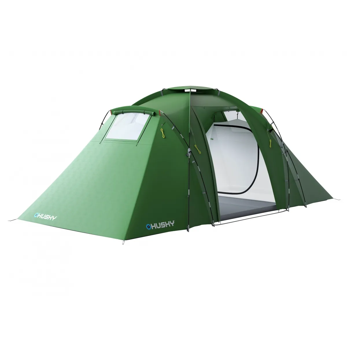 Ein grünes Campingzelt mit offenem Eingang. Es hat ein Fenster und die Marke 'HUSKY' ist darauf gedruckt.