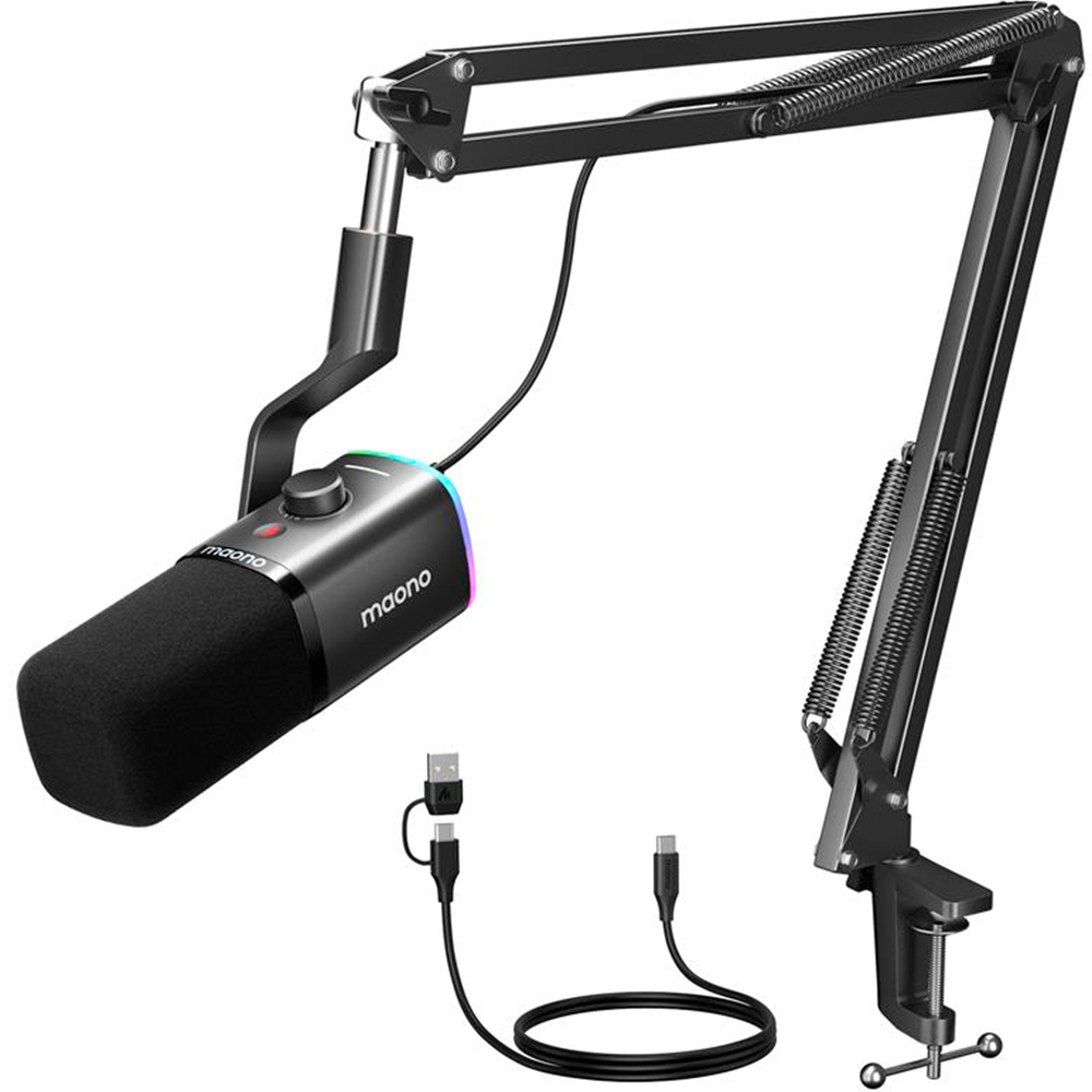 Ein schwarzes Maono-Mikrofon mit einem Ausleger. Das Mikrofon ist mit einem Kabel und einem USB-Adapter verbunden.