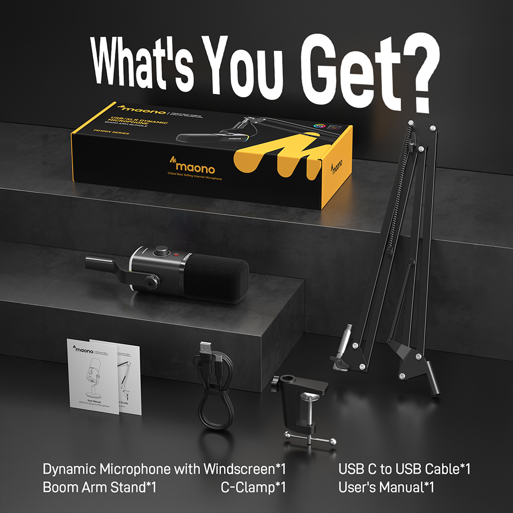 Ein Mikrofon-Kit enthält Mikrofon, Mikrofonarm, USB-Kabel, C-Klemme, Benutzerhandbuch und eine Box mit der Marke 'maono'.