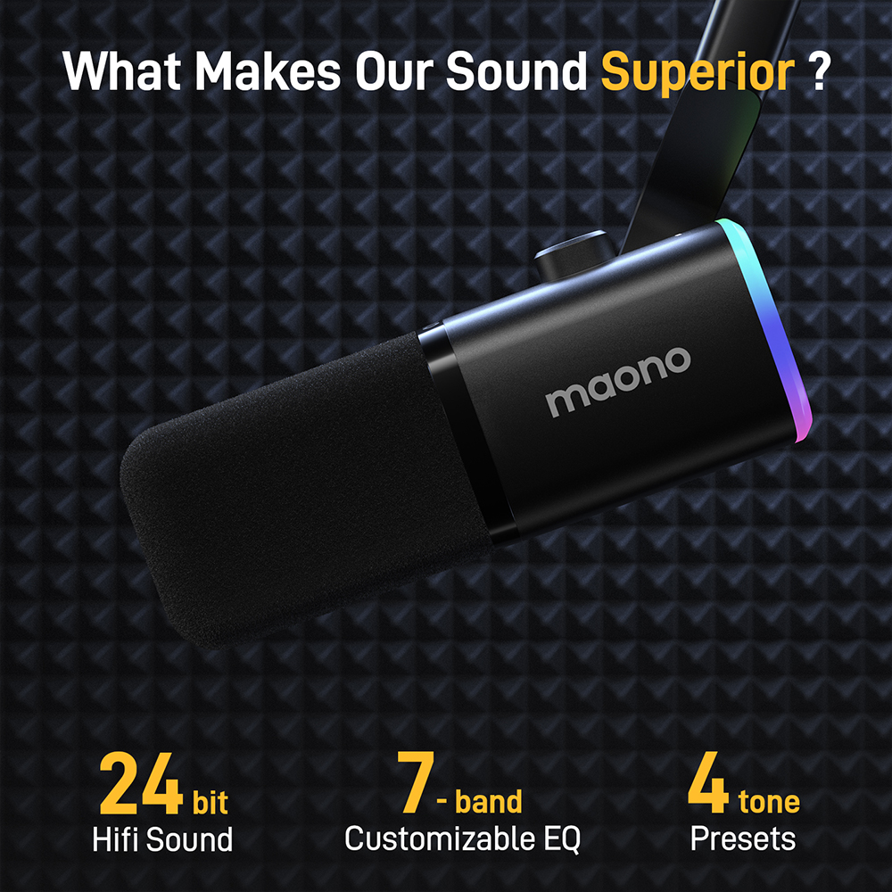Ein schwarzes Maono-Mikrofon mit Schaumstoffabdeckung. Funktionen umfassen 24-Bit-Hifi-Sound, 7-Band-EQ und 4 Tonvoreinstellungen.