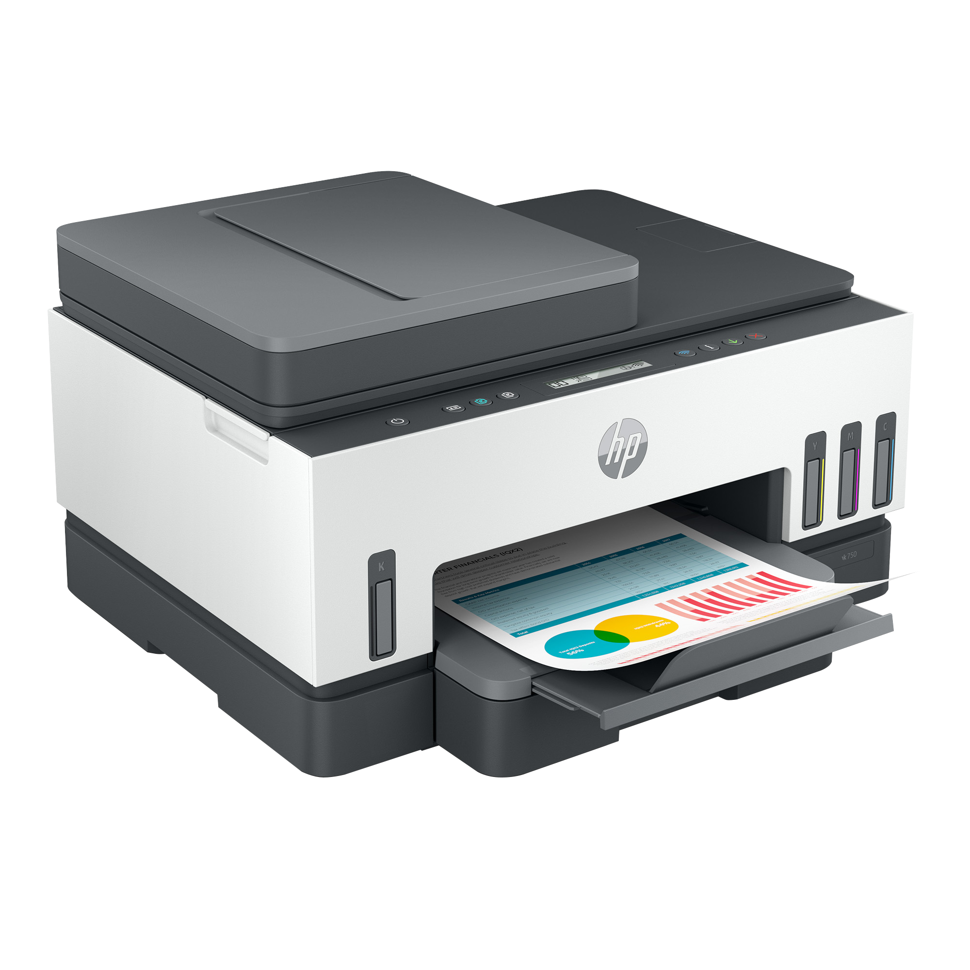 Ein HP-Drucker wird gezeigt. Er ist weiß und grau, mit einem gedruckten Dokument im Ausgabefach.