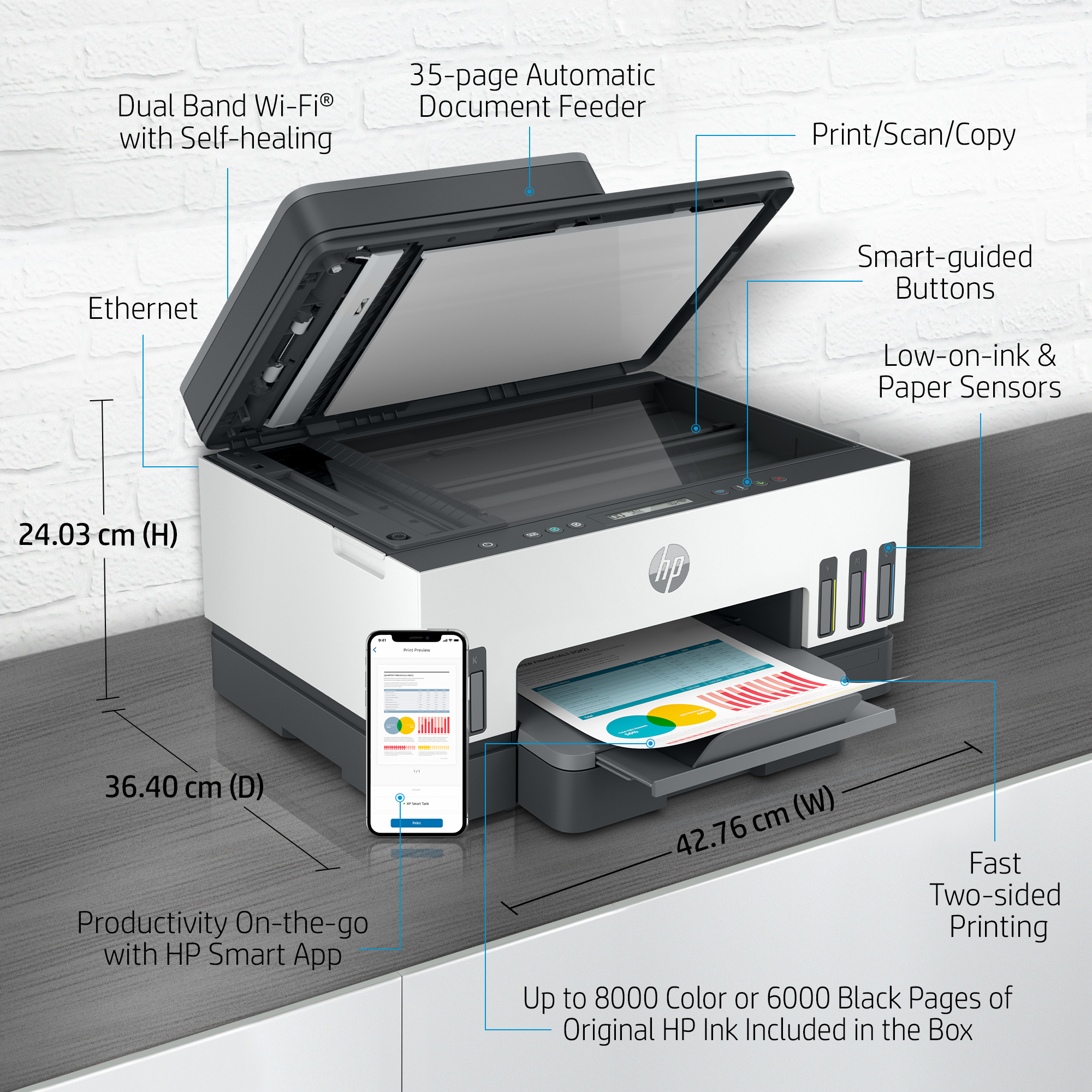 Ein HP-Drucker mit Funktionen wie Dual-Band-WLAN, automatischem Dokumenteneinzug und intelligenten Tasten.