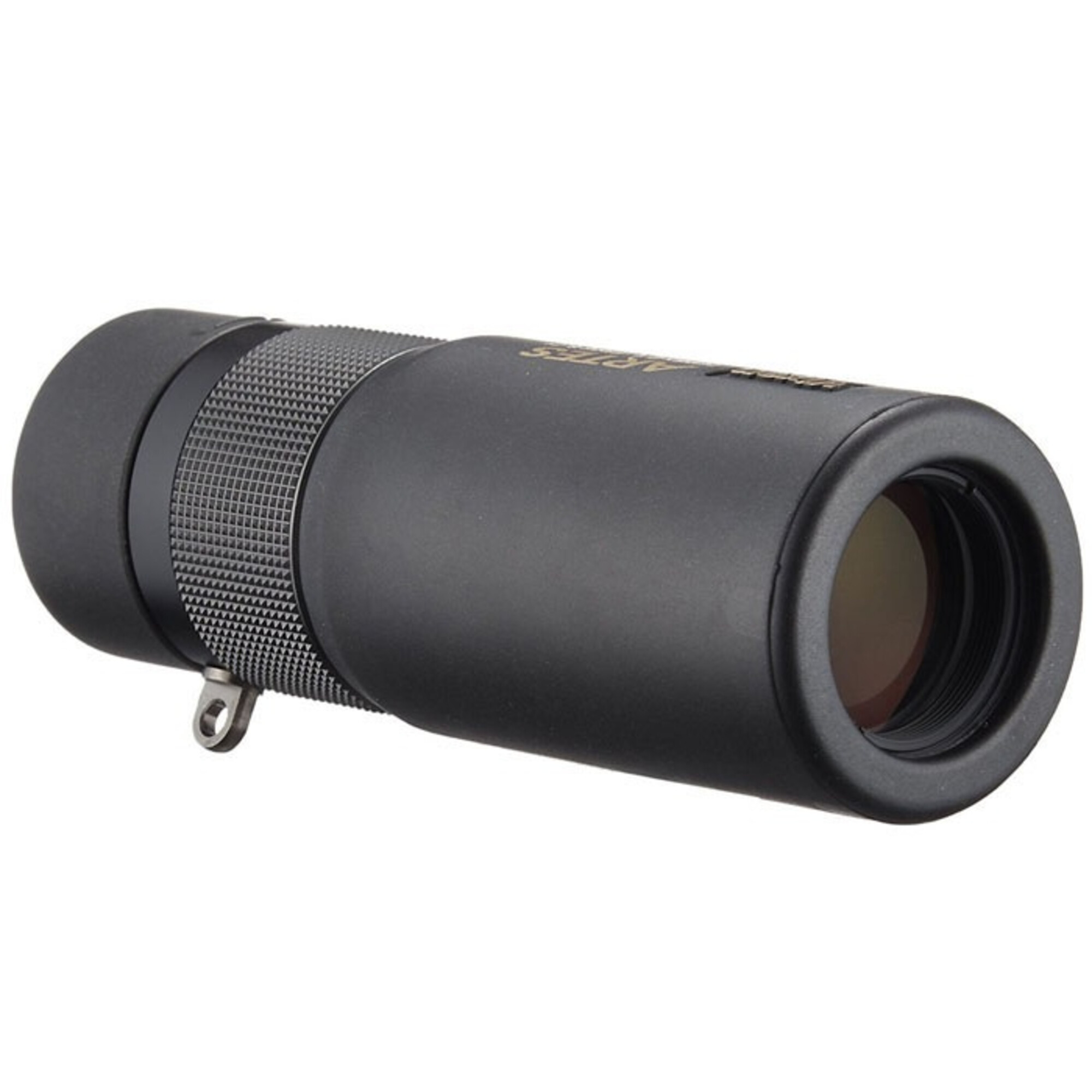 Ein schwarzes Monokular liegt horizontal. Es hat einen strukturierten Griff, eine Silberschlaufe und eine Linse mit braunem Inneren.