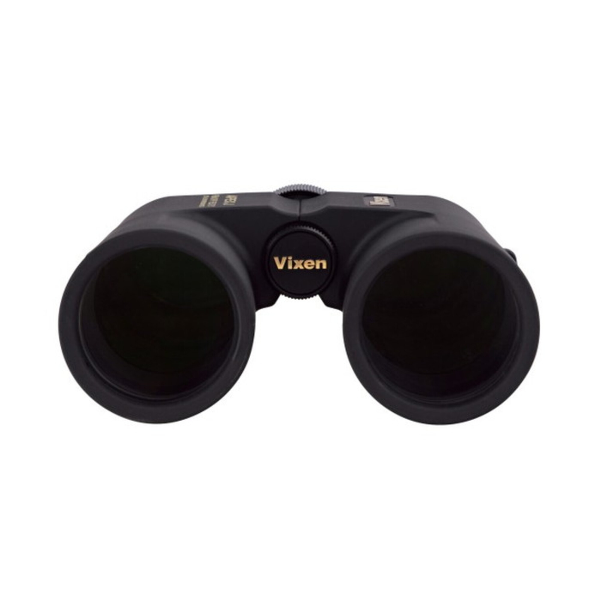 Schwarzes Vixen-Fernglas auf weißem Hintergrund. Es hat zwei große Linsen und ein Fokusrad. Der Markenname ist sichtbar.