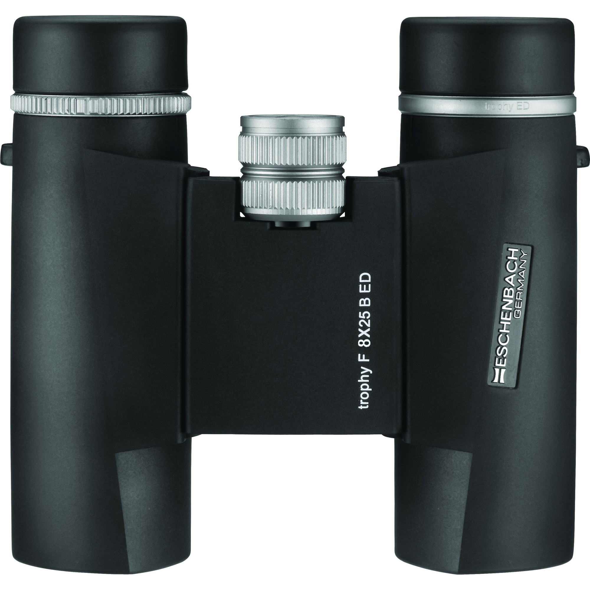 Binocolo nero con dettagli argento, con scritte 'trophy F 8x25 B ED' e 'ESCHENBACH GERMANY'.