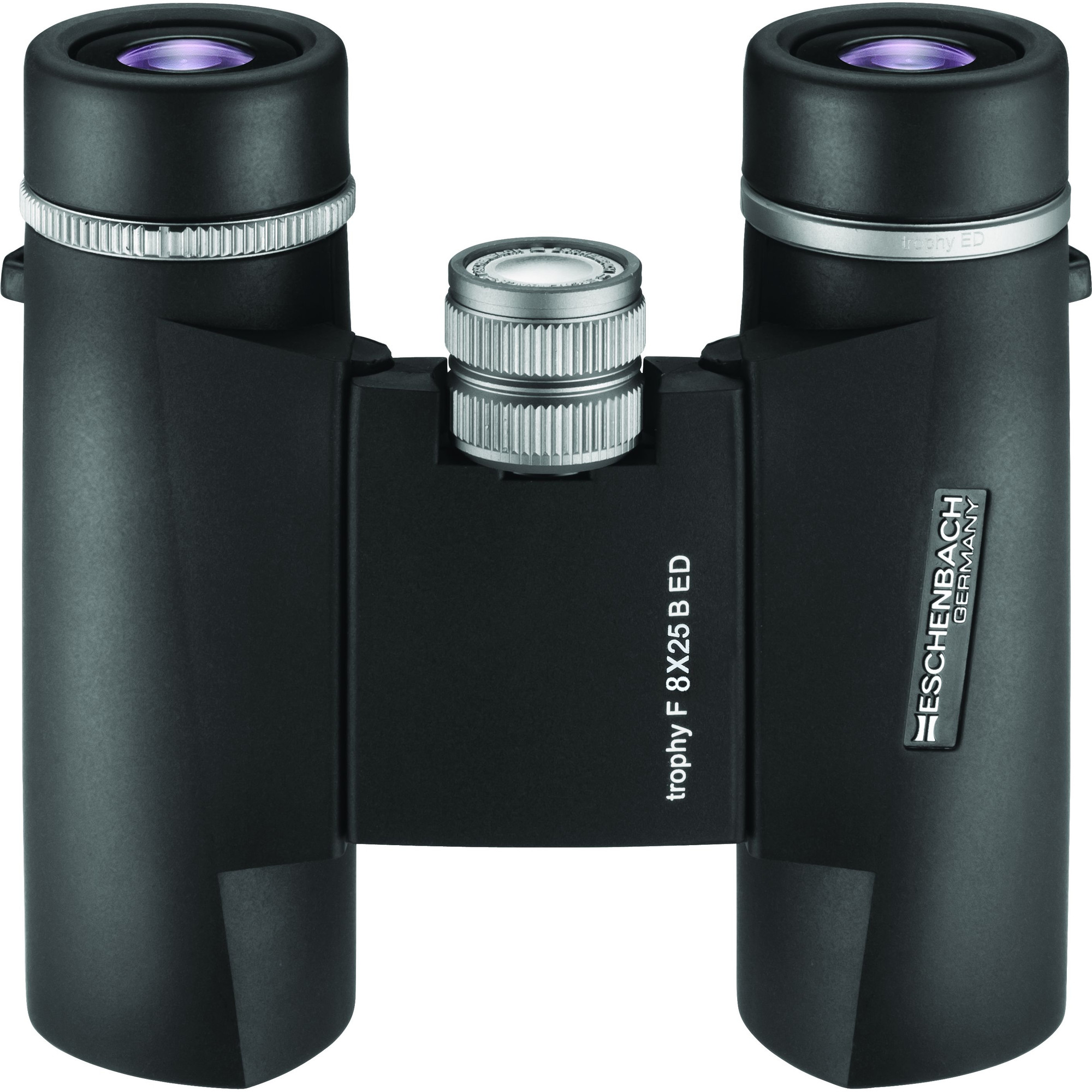 Binocolo nero con dettagli argento. Scritta 'trophy F 8x25 B ED'. Marchio 'ESCHENBACH GERMANY'.
