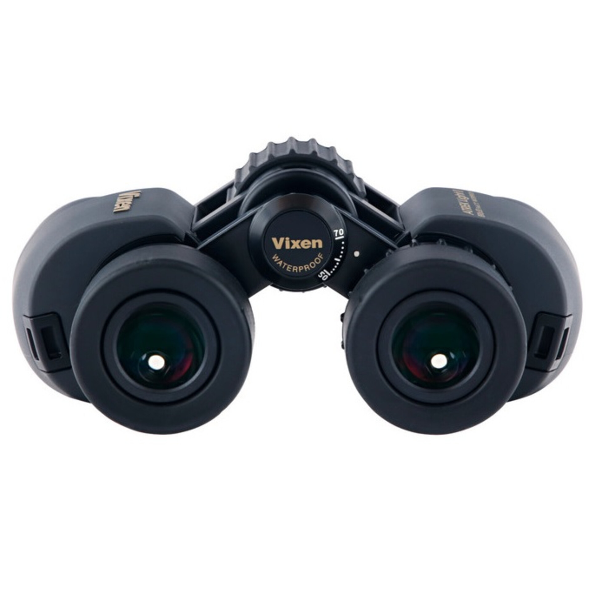 Schwarzes, wasserdichtes Vixen-Fernglas. Die Linsen sind sichtbar. Der Fokusregler befindet sich in der Mitte. Der Hintergrund ist weiß.