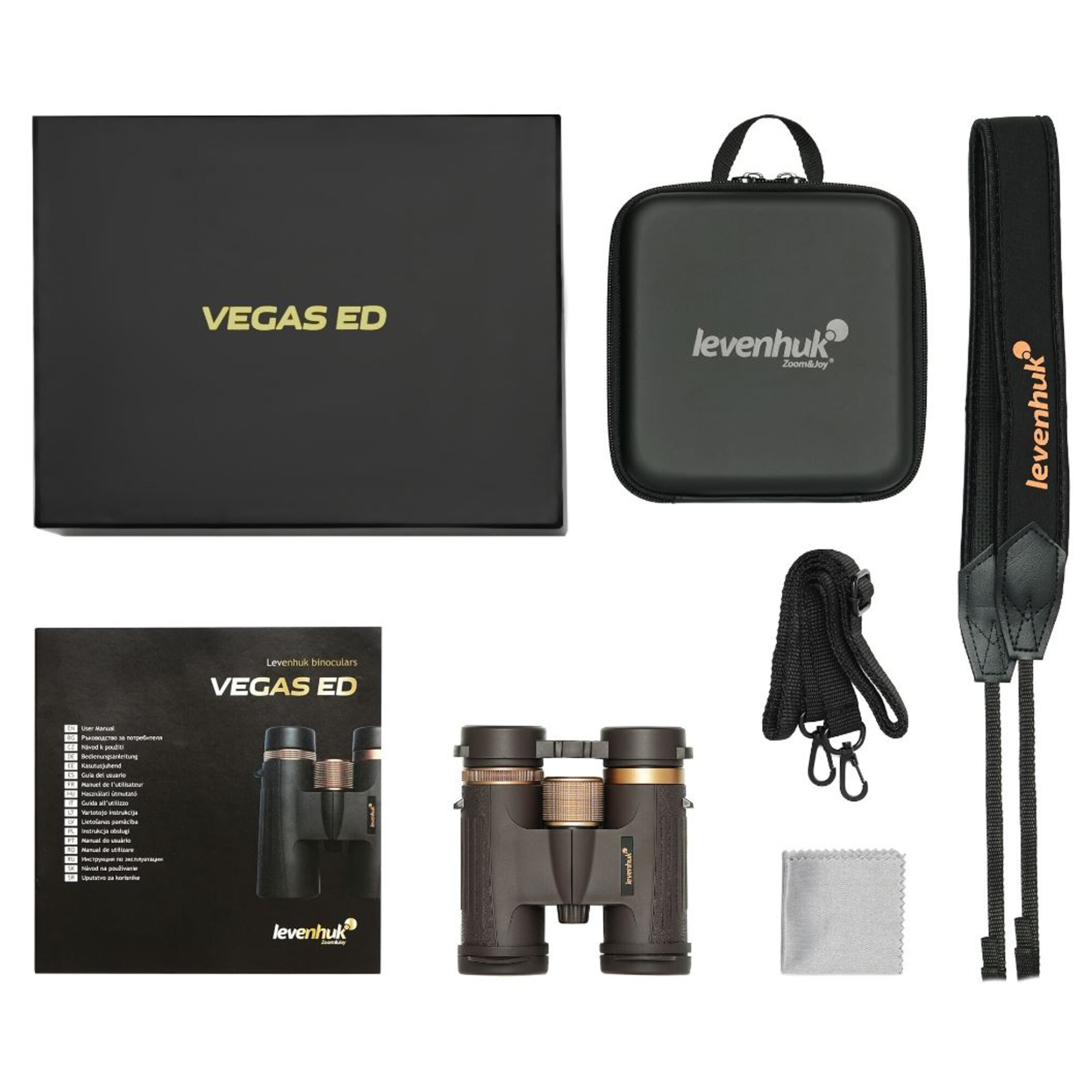 Binocolo con accessori. Include scatola, custodia, cinturino, panno per la pulizia e manuale utente. Il marchio è Levenhuk.