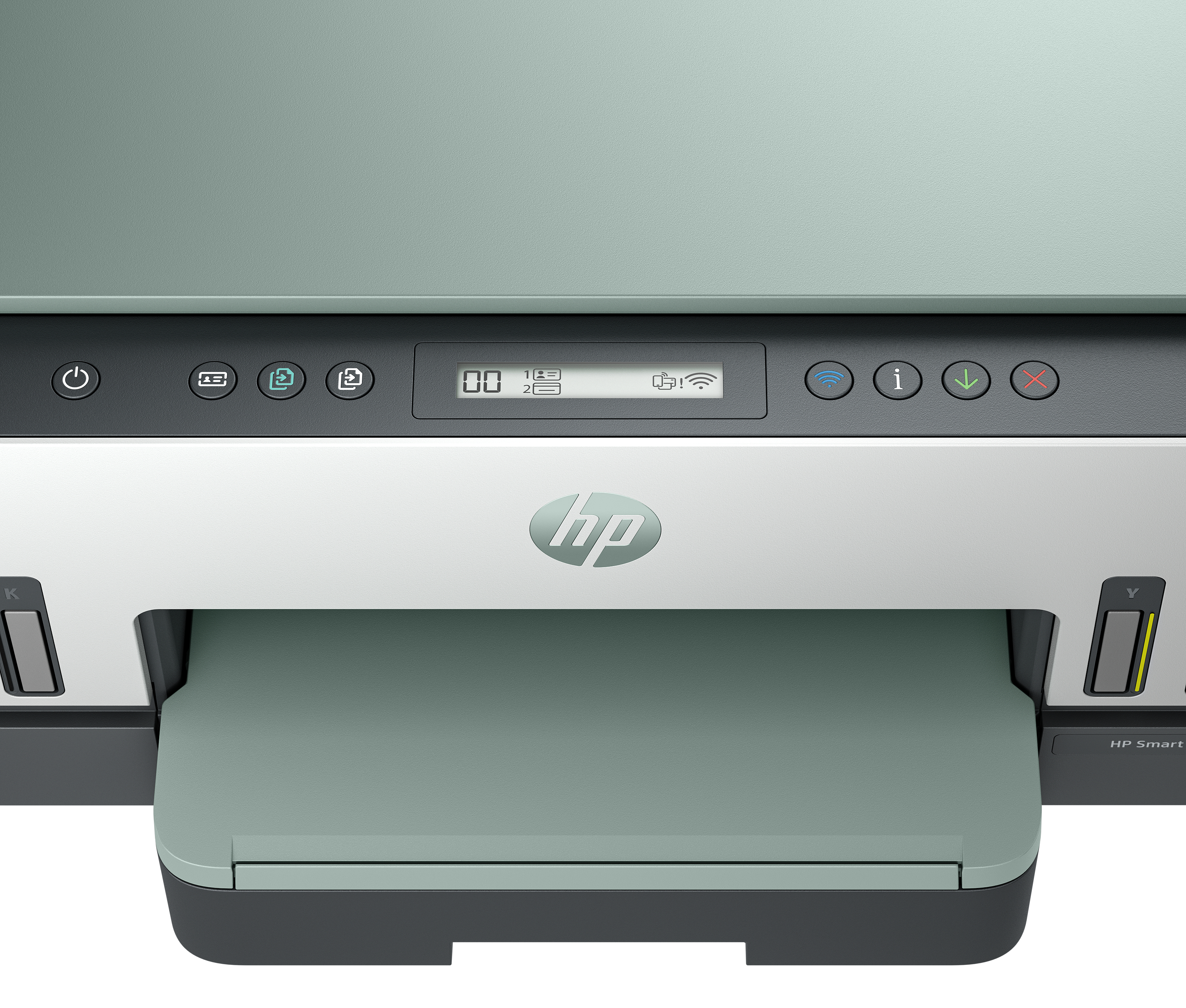 Una stampante HP Smart, verde chiaro e bianca. Ha un display e dei pulsanti. Un vassoio della carta è visibile sotto.