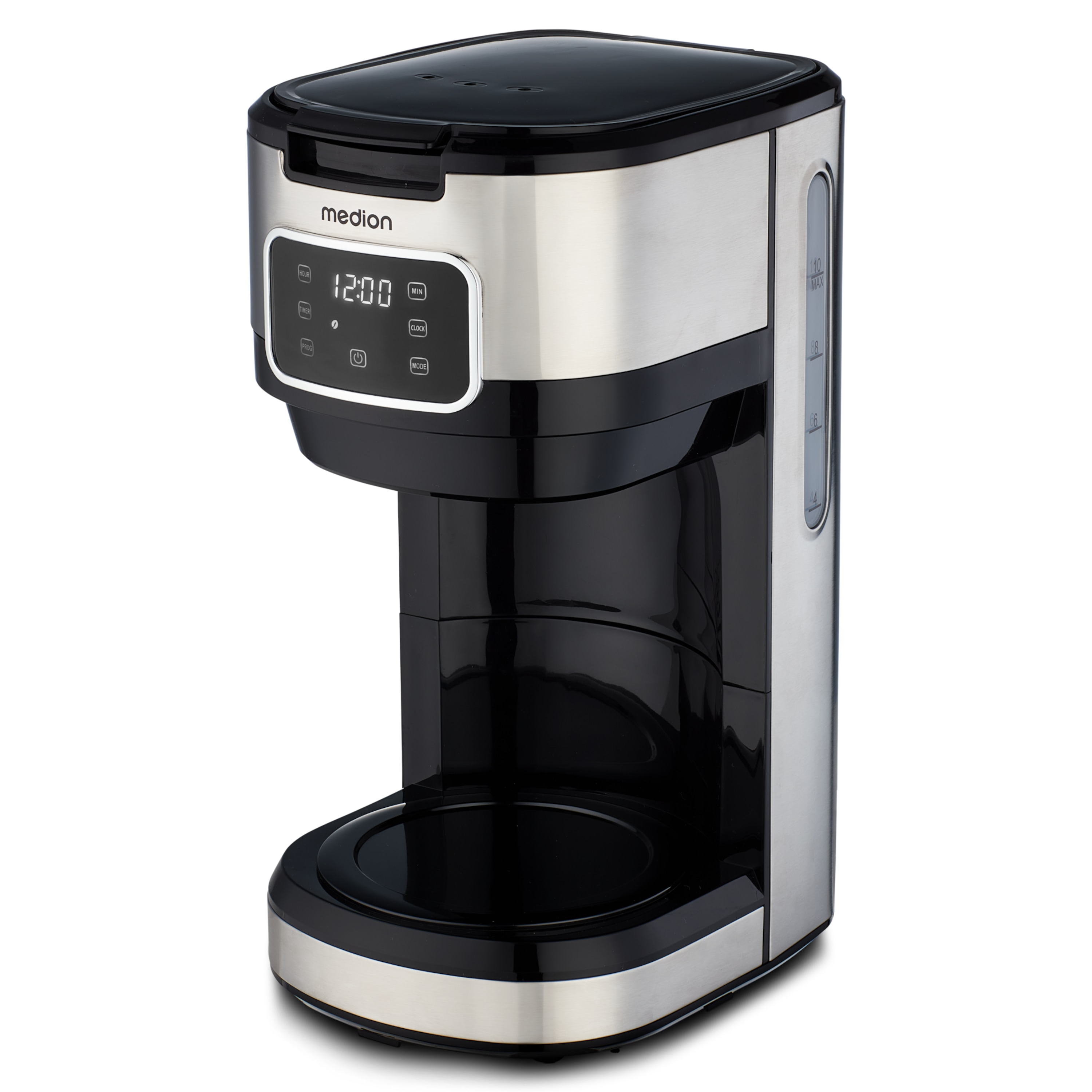 Una caffettiera nera e argento. Ha un display digitale che mostra le 12:00. Indicatore livello acqua laterale.