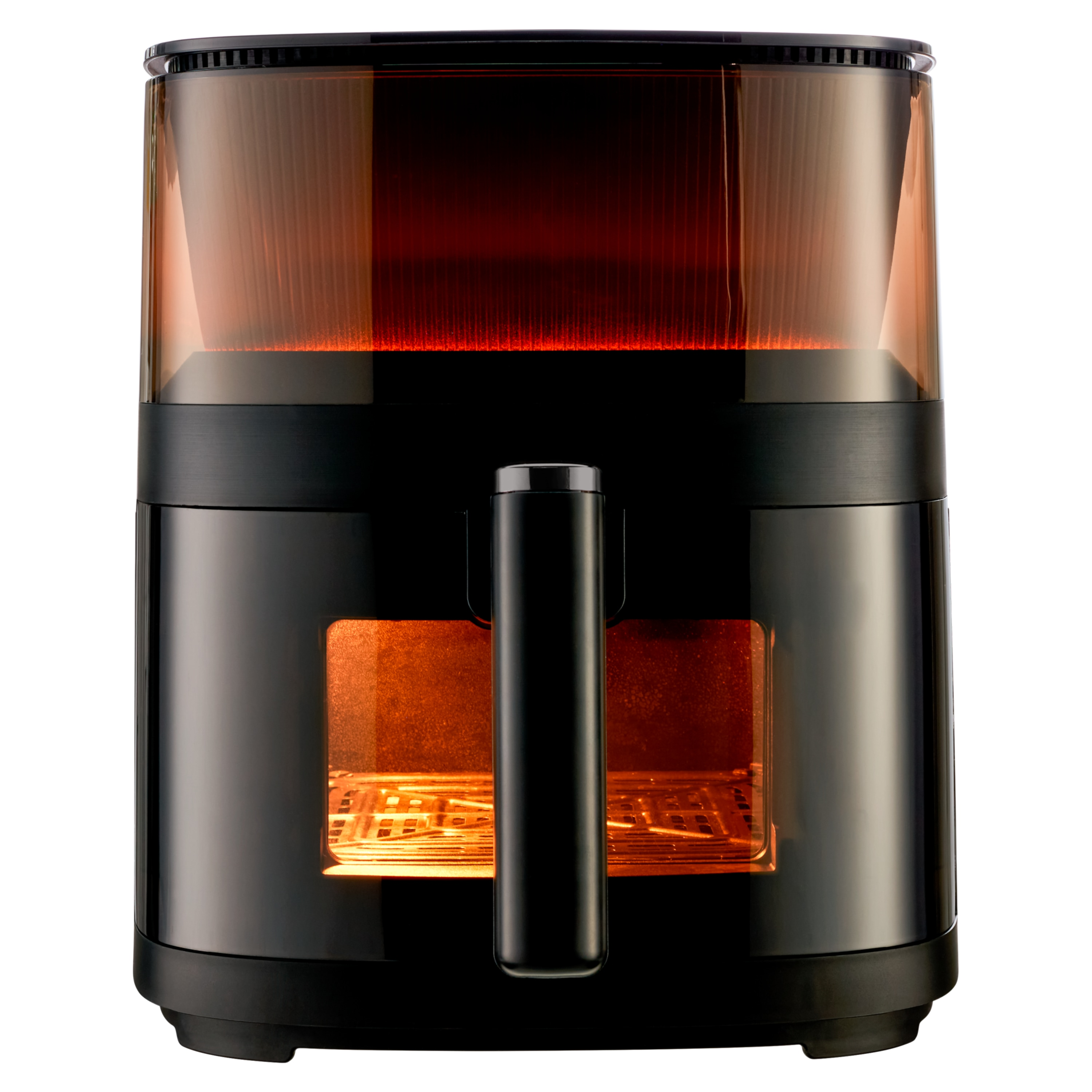 Czarna frytownica powietrzna z przezroczystym blatem. Wnętrze świeci na pomarańczowo. Uchwyt i podstawa również czarne.