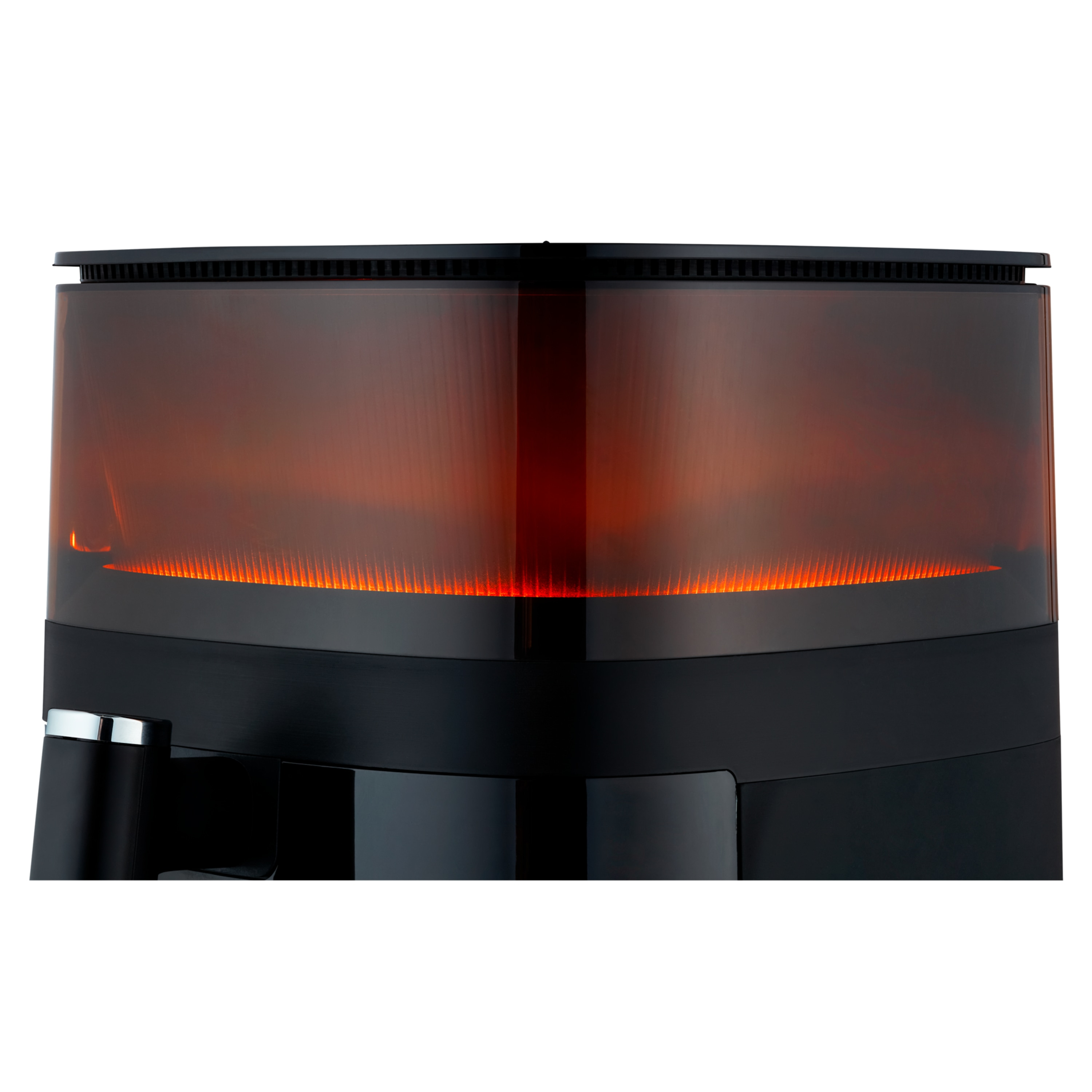 Zbliżenie czarnej frytownicy powietrznej z przezroczystym blatem, oświetlonym pomarańczowym światłem. Srebrny uchwyt po lewej.