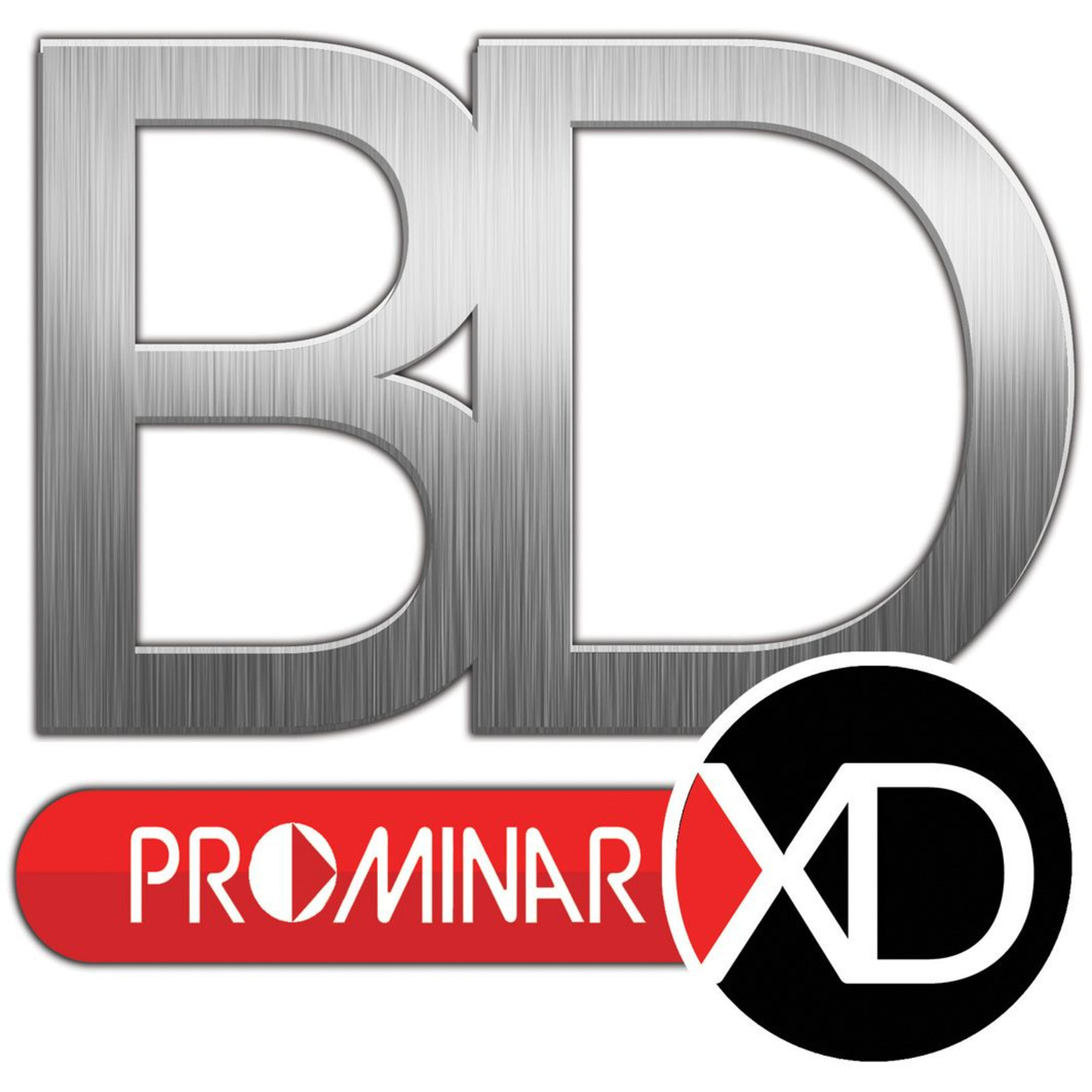 Das Logo zeigt große silberne Buchstaben BD, einen roten Balken mit weißem Text und einen schwarzen Kreis mit XD in Weiß.