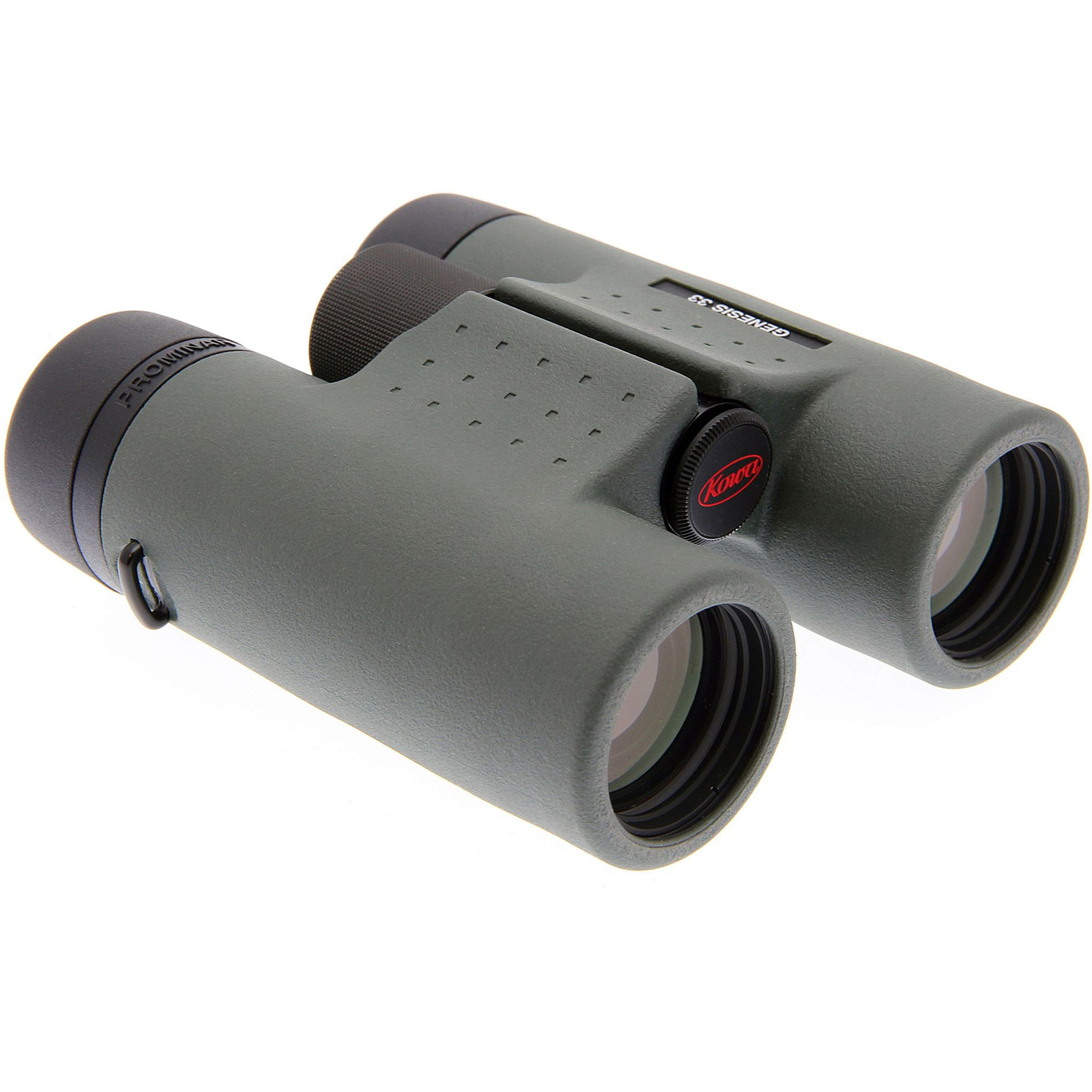 Ein olivgrünes Fernglas auf weißem Hintergrund. Modell Kowa Genesis 33 ist sichtbar.