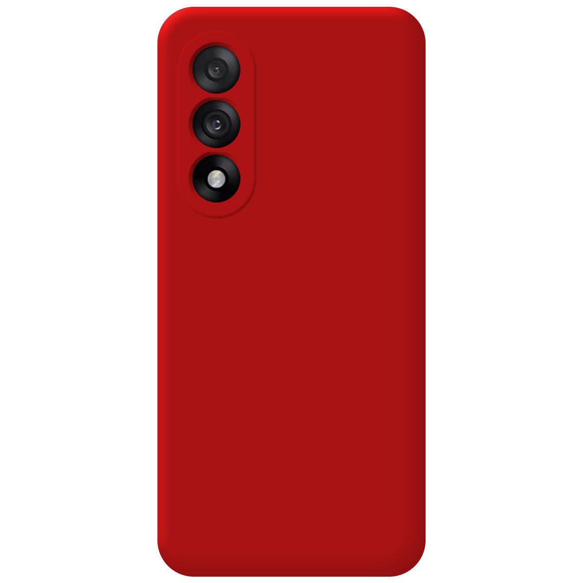 Una custodia rossa per telefono con tre obiettivi in alto a sinistra. Sfondo bianco.